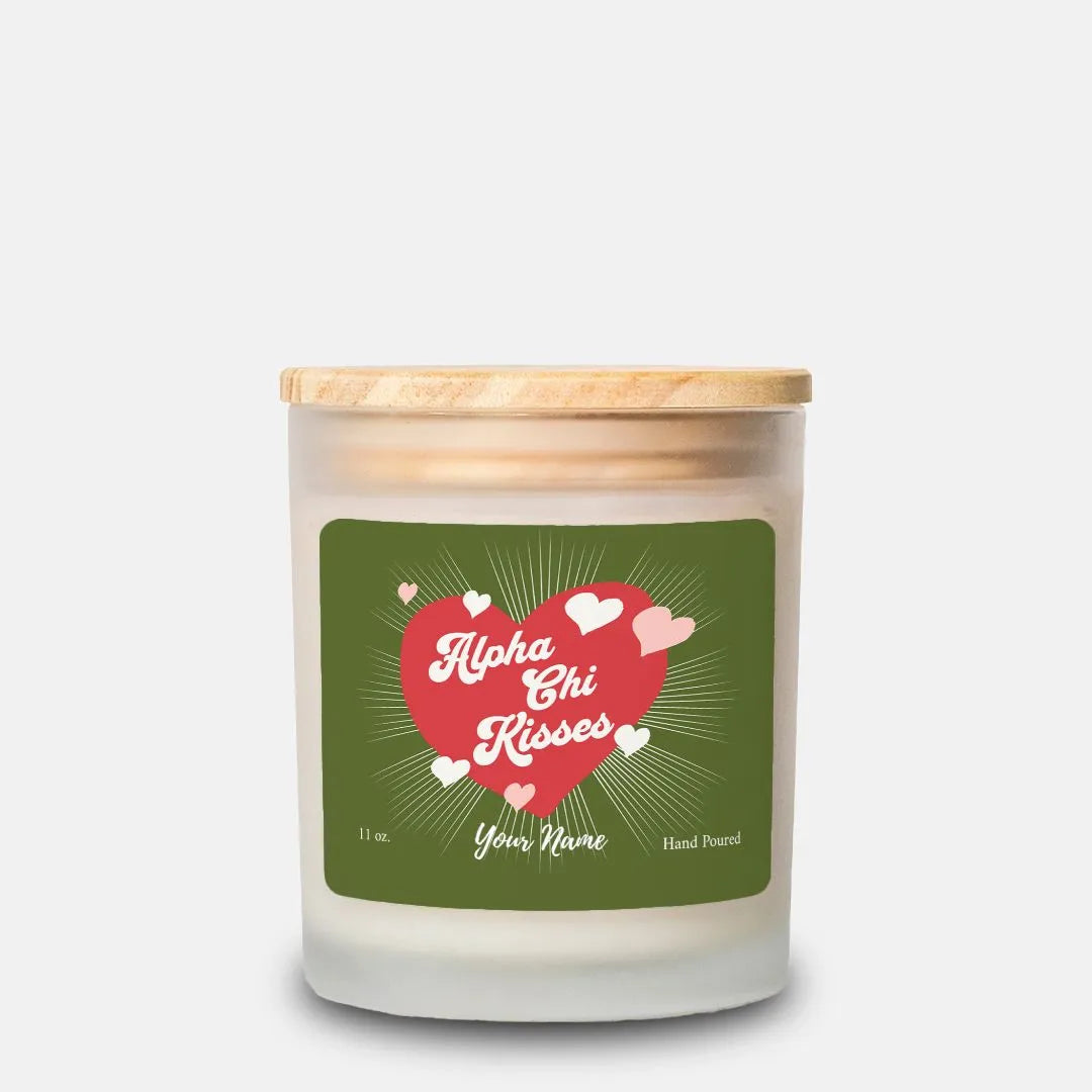 Personalized Alpha Chi Kisses Frosted Glass Candle (Hand Poured 11 oz.) Candles
