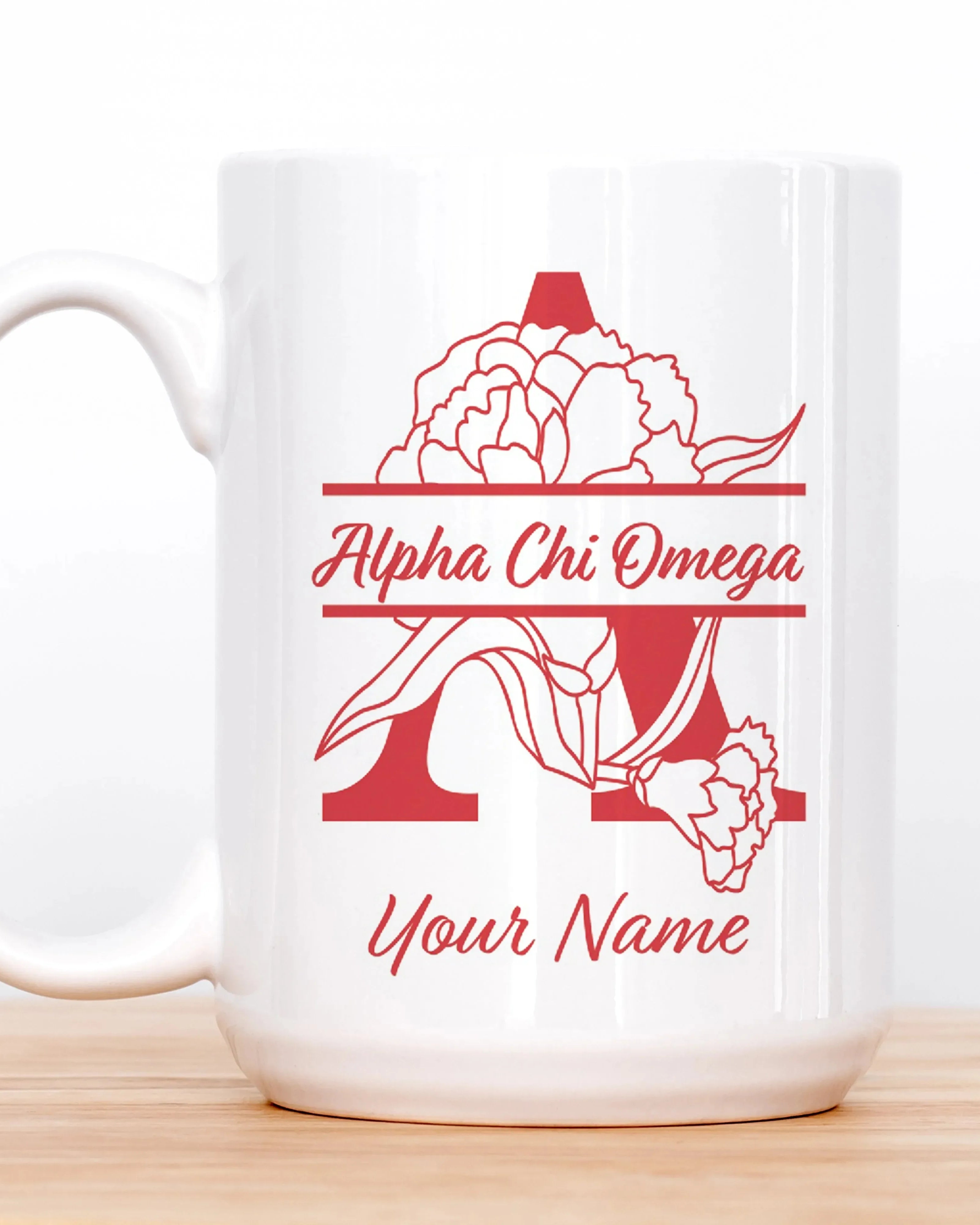 Alpha Chi Omega Personalized Deluxe Mug - Carnation Monogram 15 oz. Drinkware