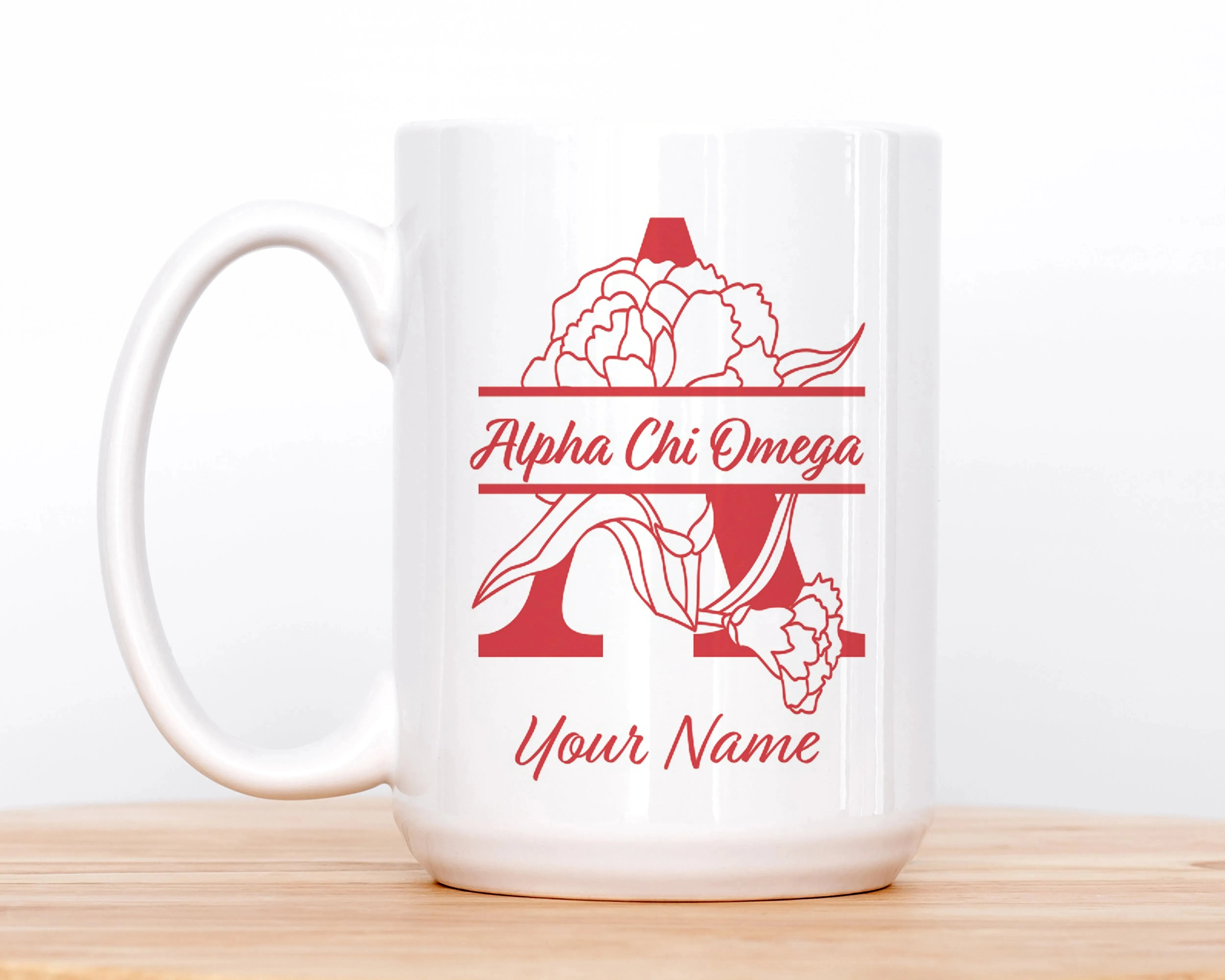 Alpha Chi Omega Personalized Deluxe Mug - Carnation Monogram 15 oz. Drinkware
