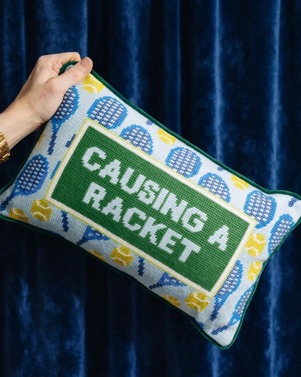 Causing A Racket Needlepoint Pillow | Tennis Themed Dorm Decor