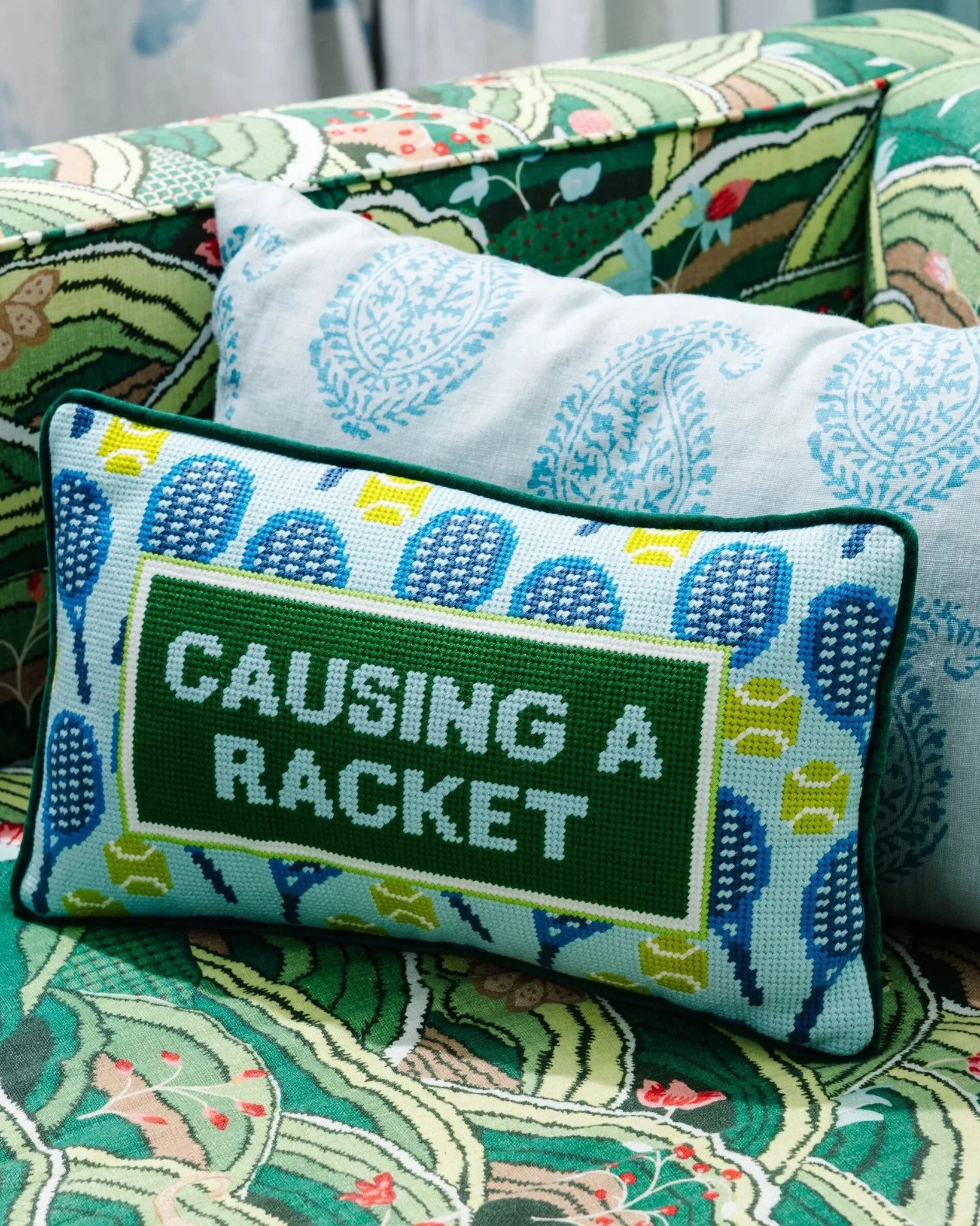 Causing A Racket Needlepoint Pillow | Tennis Themed Dorm Decor