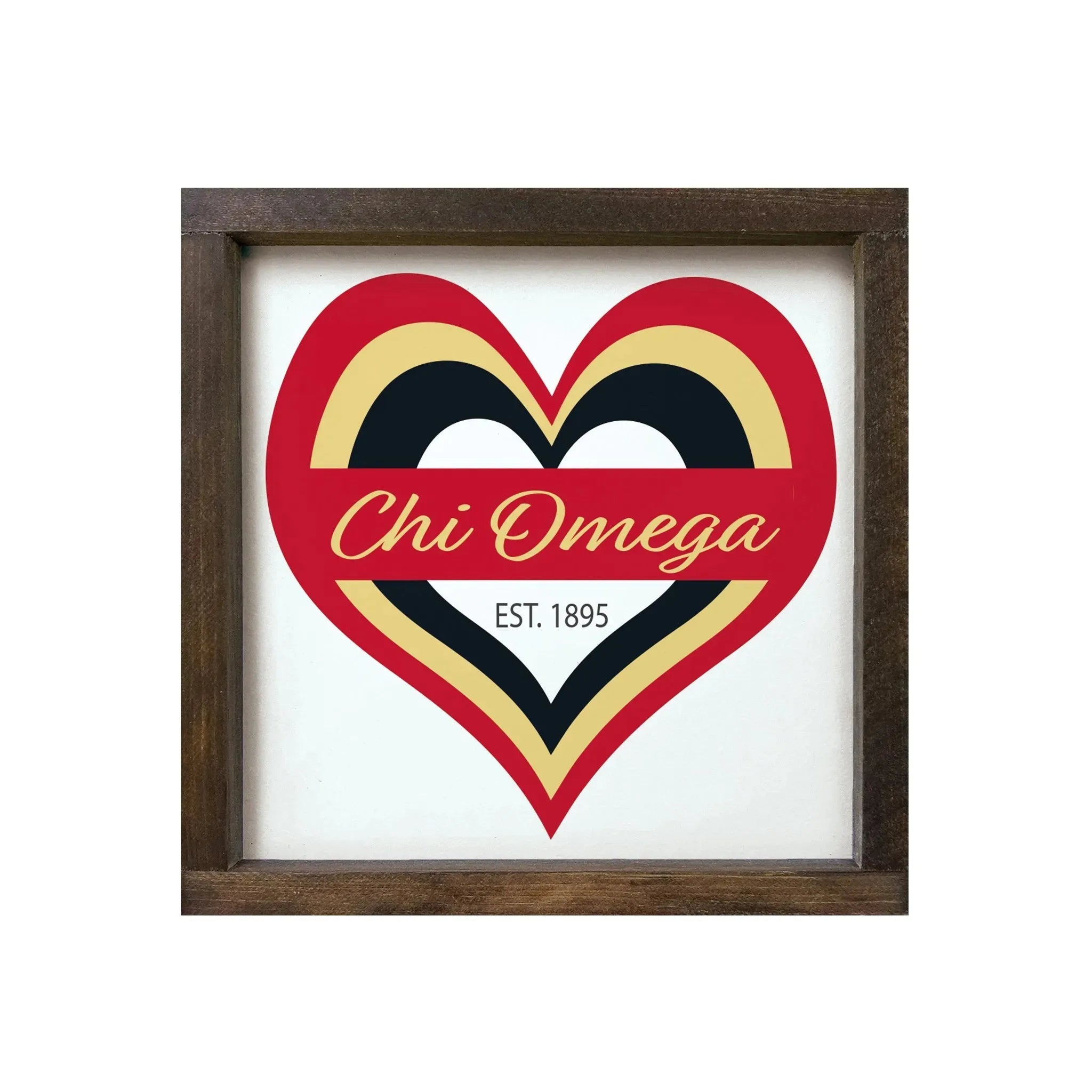 Chi Omega 12x12 Heart Wood Framed Sign Walnut Stain Wall Art & Signs
