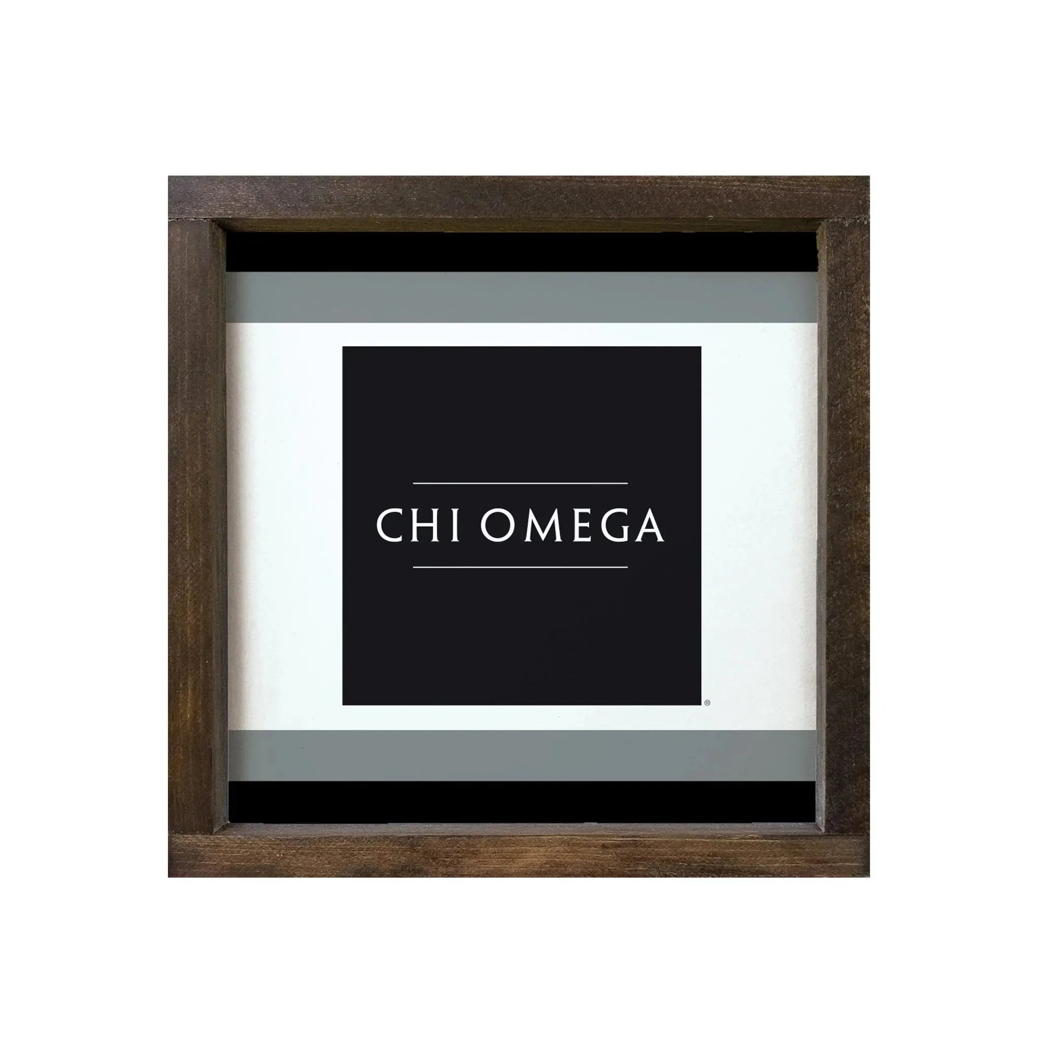 Chi Omega 12x12 Wood Framed Sign - Traditional Stripes - Black and Gray Walnut Stain Wall Art & Signs