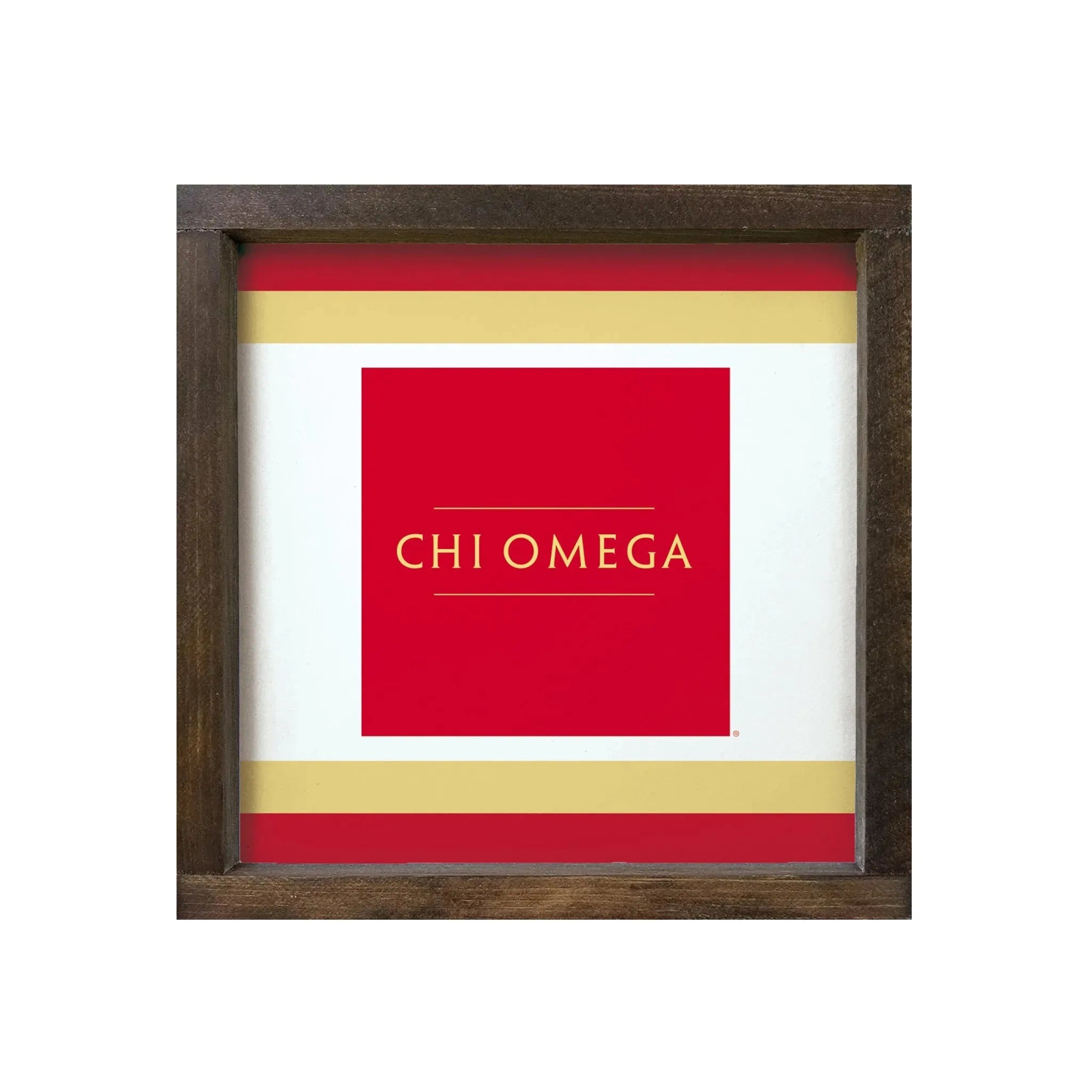 Chi Omega 12x12 Wood Framed Sign - Traditional Stripes Walnut Stain Wall Art & Signs