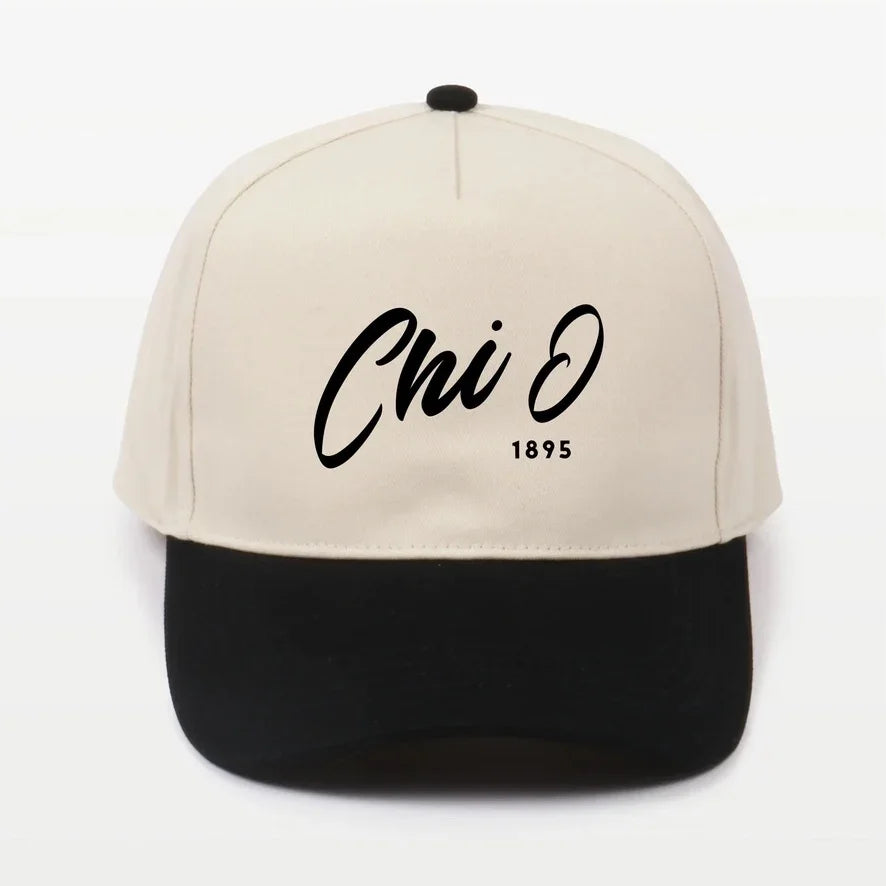 Chi O Embroidered Two-Tone Baseball Cap - Script 1895 | Chi Omega Gift