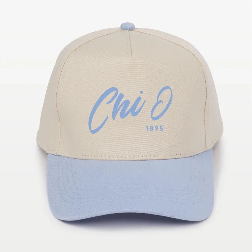 Chi O Embroidered Two-Tone Baseball Cap - Script 1895 | Chi Omega Gift