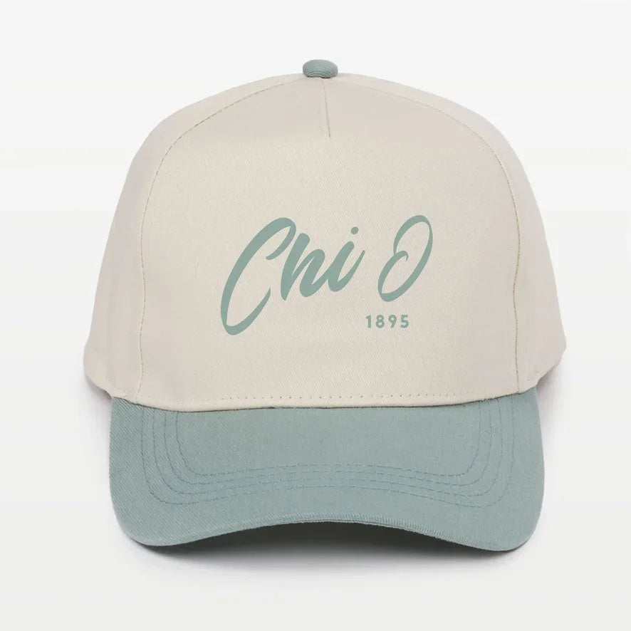 Chi O Embroidered Two-Tone Baseball Cap - Script 1895 | Chi Omega Gift