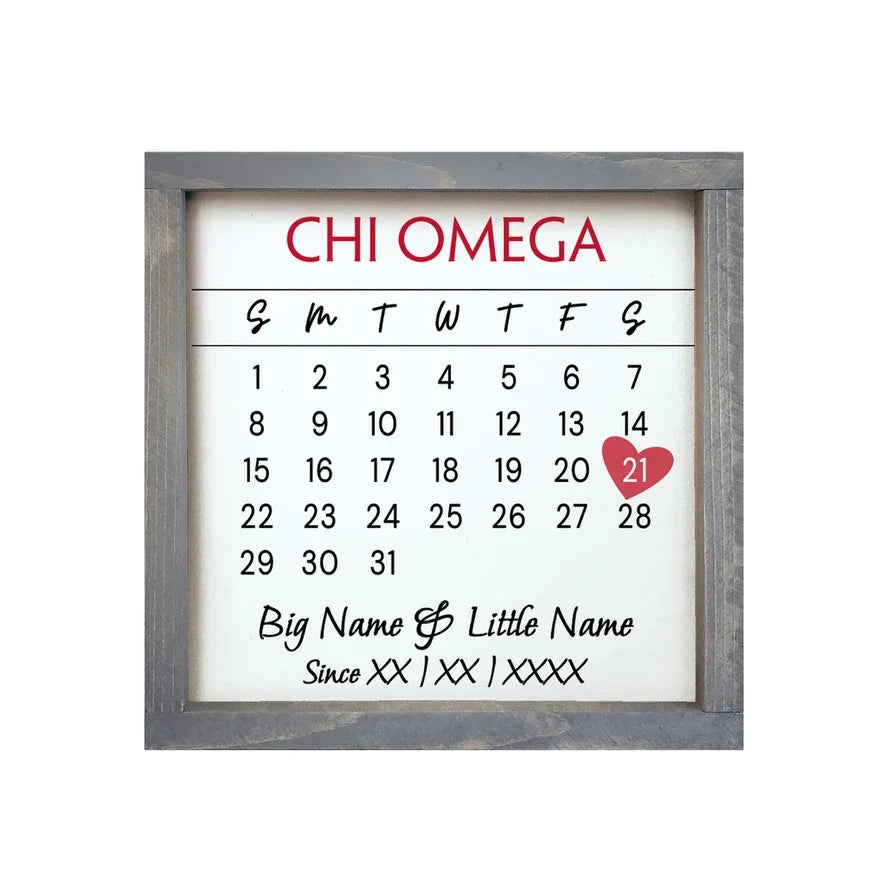 Chi Omega Personalized Big Little Calendar Framed Sign - 12x12