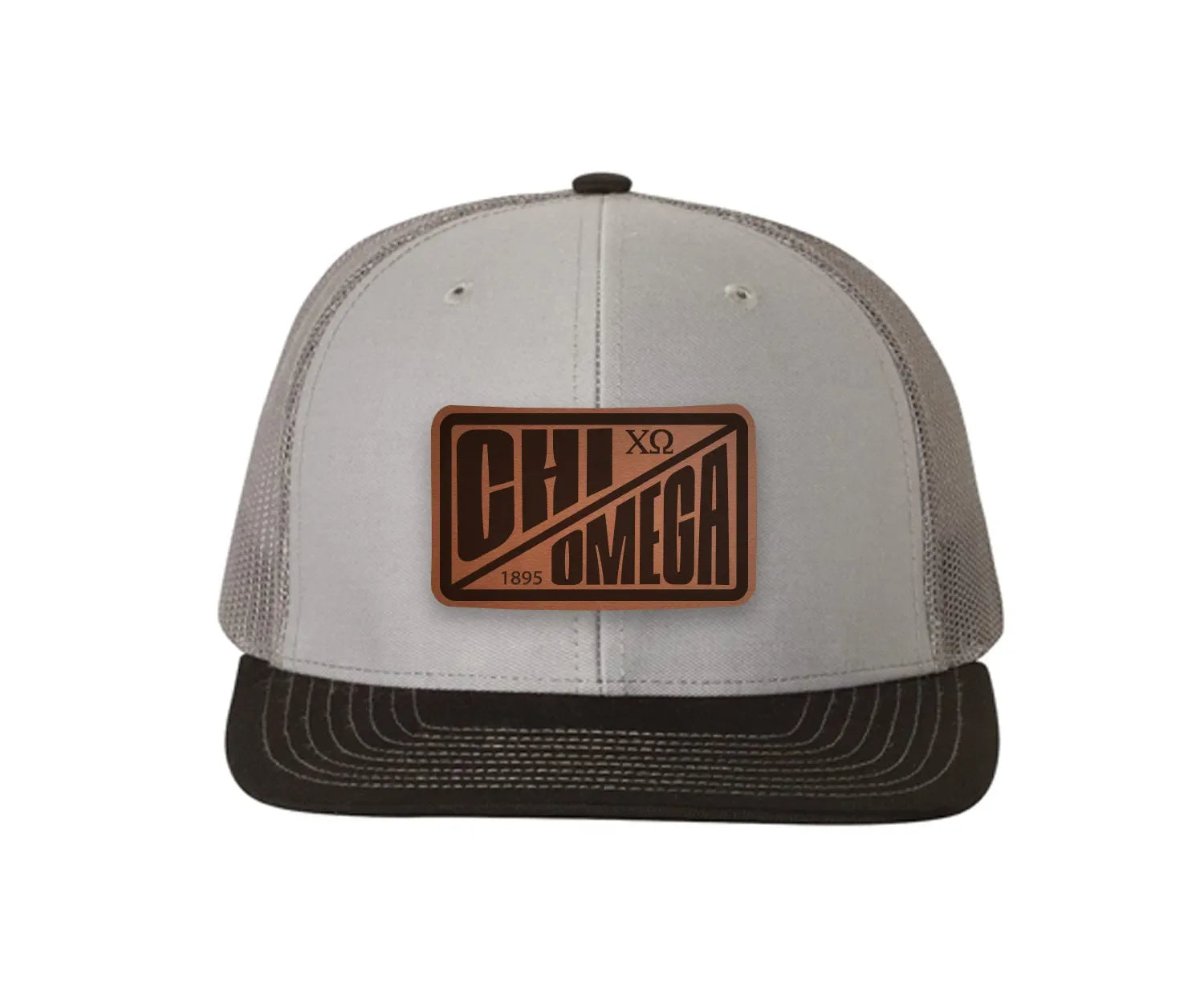 Chi Omega Richardson 112 Leatherette Patch Trucker Hat - Divide Gray Charcoal Black Trucker Hat