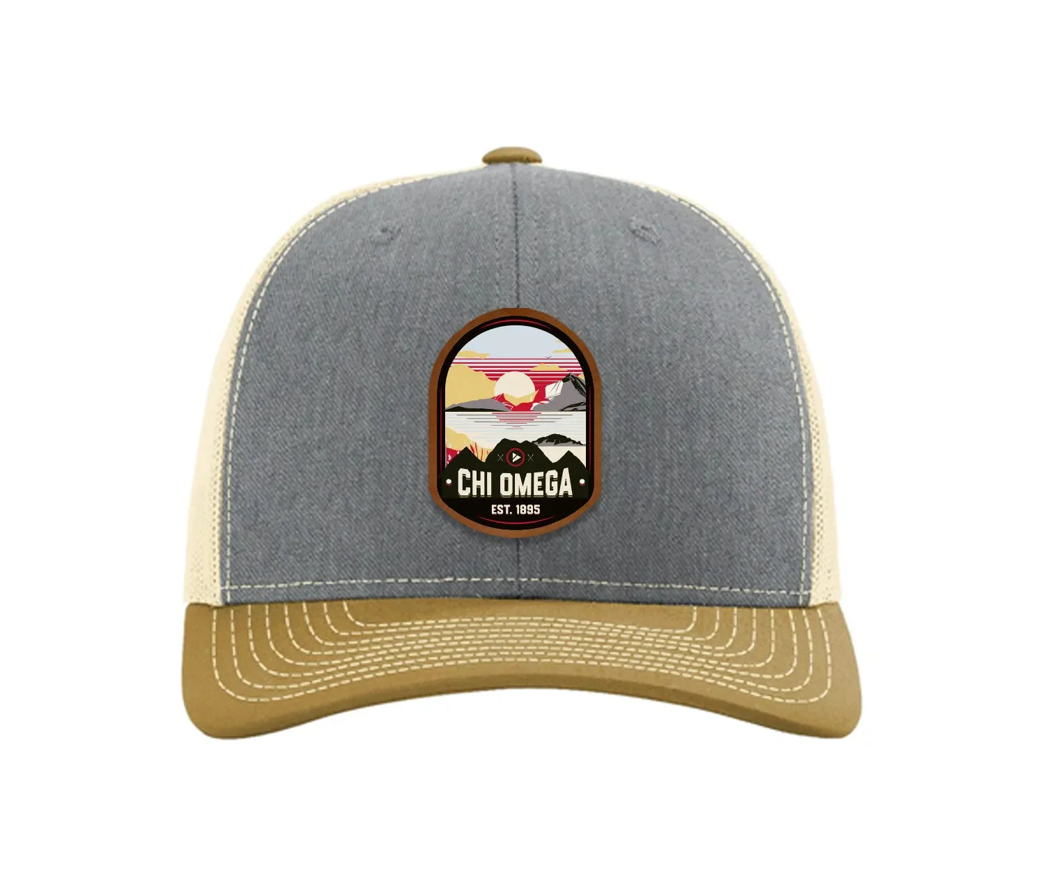 Chi Omega Richardson 112 UV Print Leatherette Patch Trucker Hat - Ventura Heather Gray Birch Amber Gold Trucker Hat