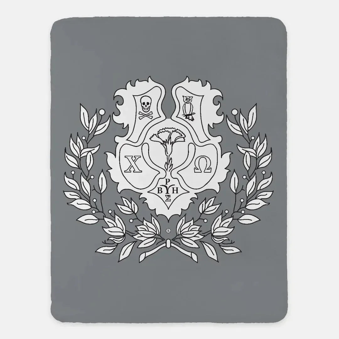 Chi Omega XL 60x80 Sherpa Blanket - Gray Coat of Arms Throw Blankets