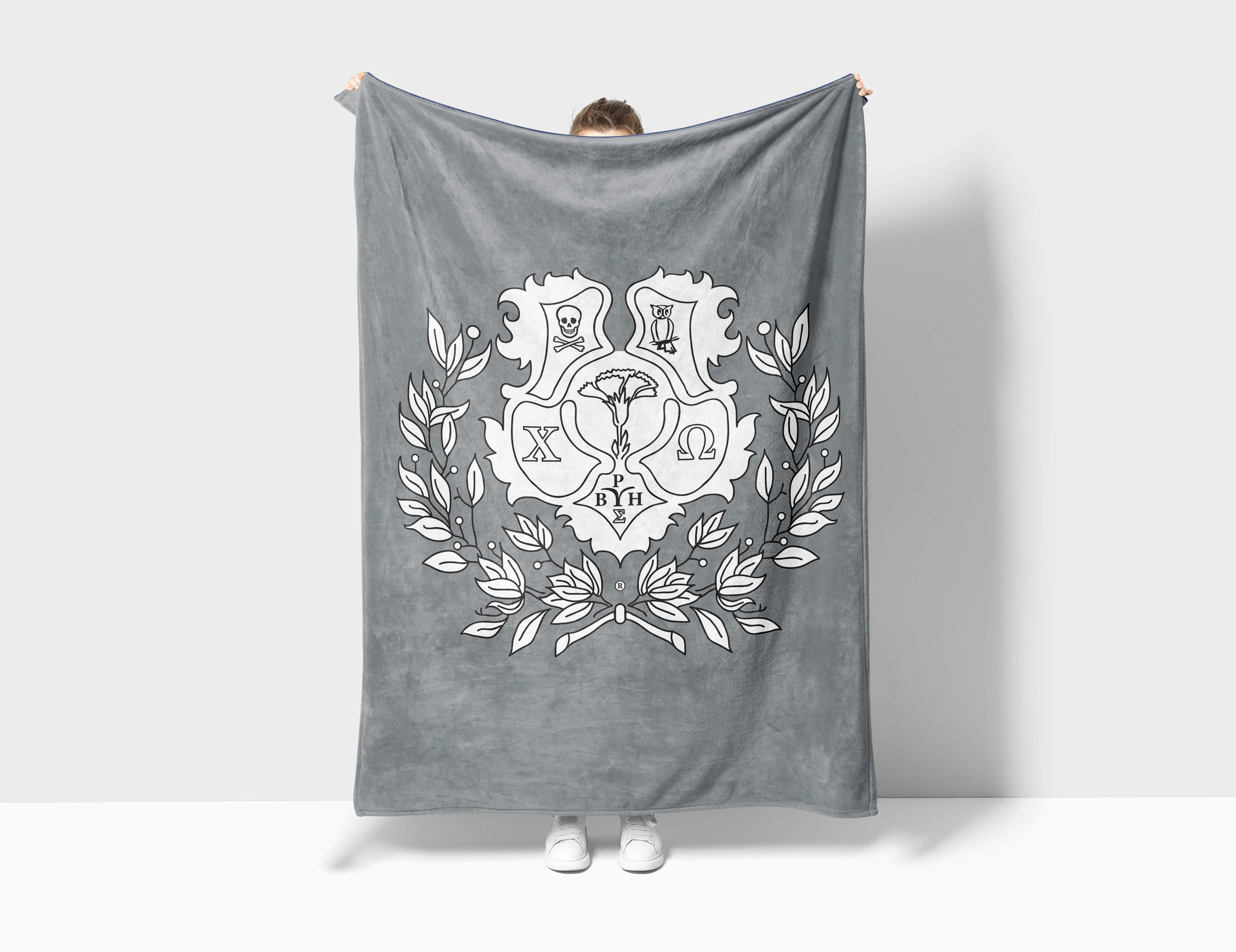 Chi Omega Sherpa Blanket XL 60x80 Gray Coat of Arms | XO Gifts & Decor