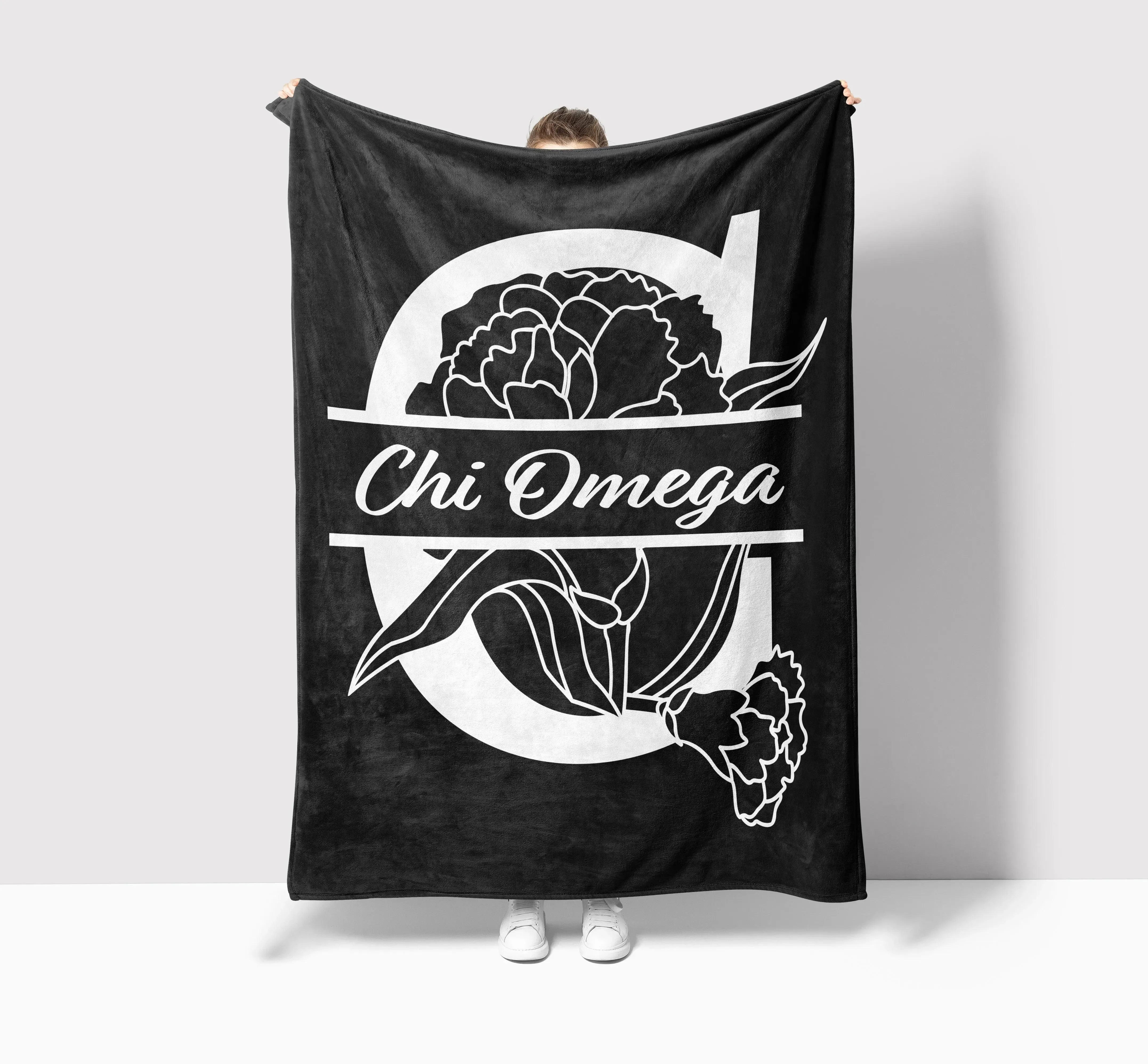 Chi Omega XL 60x80 Sherpa Throw Blanket - Carnation Monogram Throw Blankets
