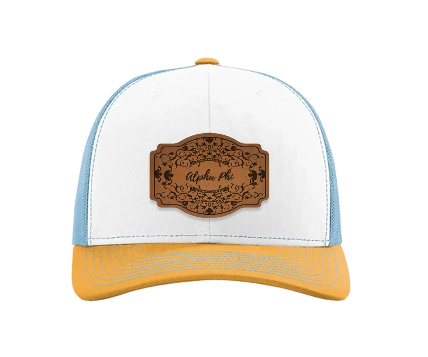 Alpha Phi Richardson 112 Leatherette Patch Trucker Hat - Scroll White Blue Yellow Trucker Hat