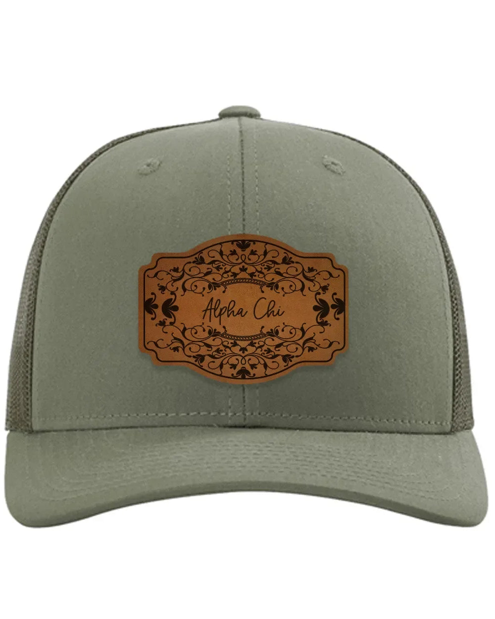 Alpha Chi Omega Richardson 112 Leatherette Patch Trucker Hat - Scroll Loden Trucker Hat