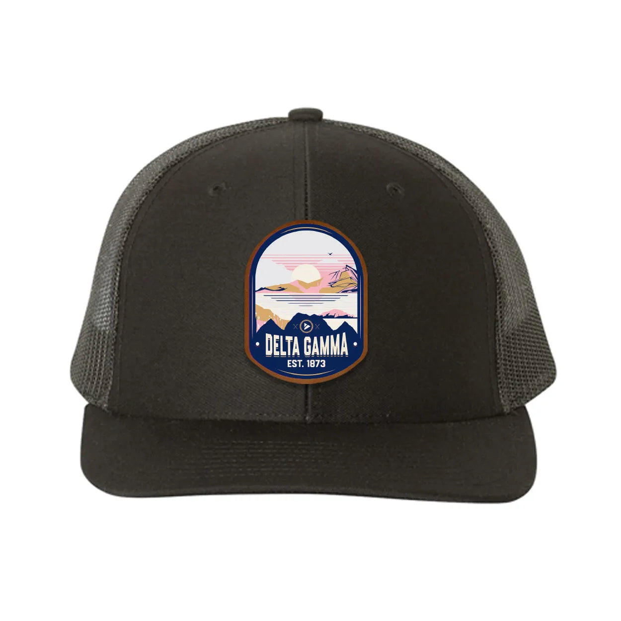 Delta Gamma Richardson 112 UV Print Leatherette Patch Trucker Hat - Ventura Black Black Trucker Hat