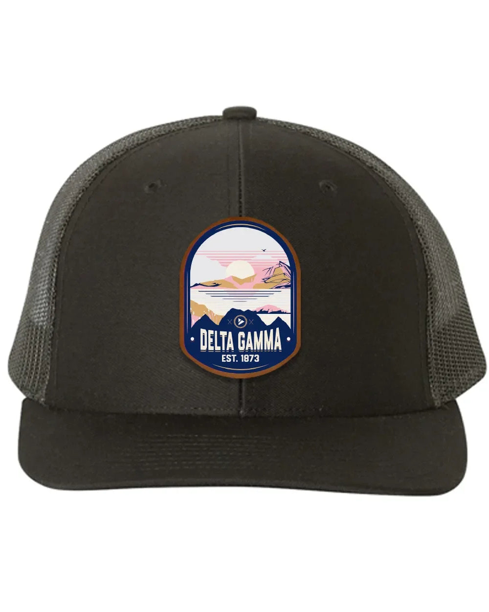Delta Gamma Richardson 112 UV Print Leatherette Patch Trucker Hat - Ventura Black Black Trucker Hat