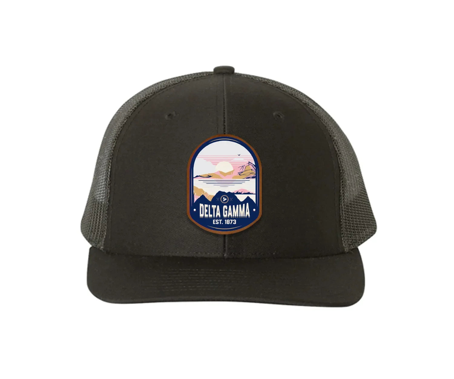 Delta Gamma Richardson 112 UV Print Leatherette Patch Trucker Hat - Ventura Black Black Trucker Hat