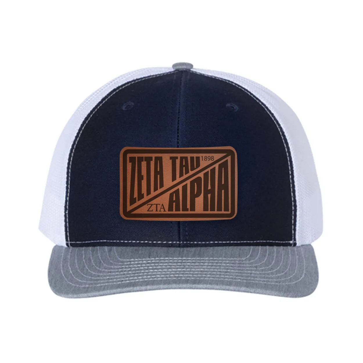 Zeta Tau Alpha Richardson 112 Leatherette Patch Trucker Hat - Divide Navy White Heather Gray Trucker Hat