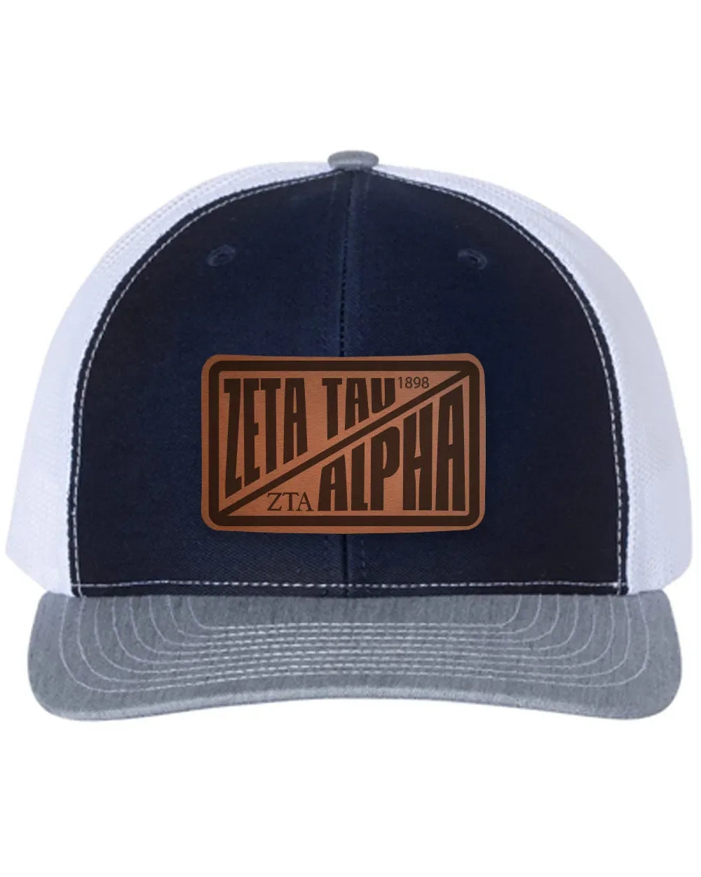Zeta Tau Alpha Richardson 112 Leatherette Patch Trucker Hat - Divide Navy White Heather Gray Trucker Hat
