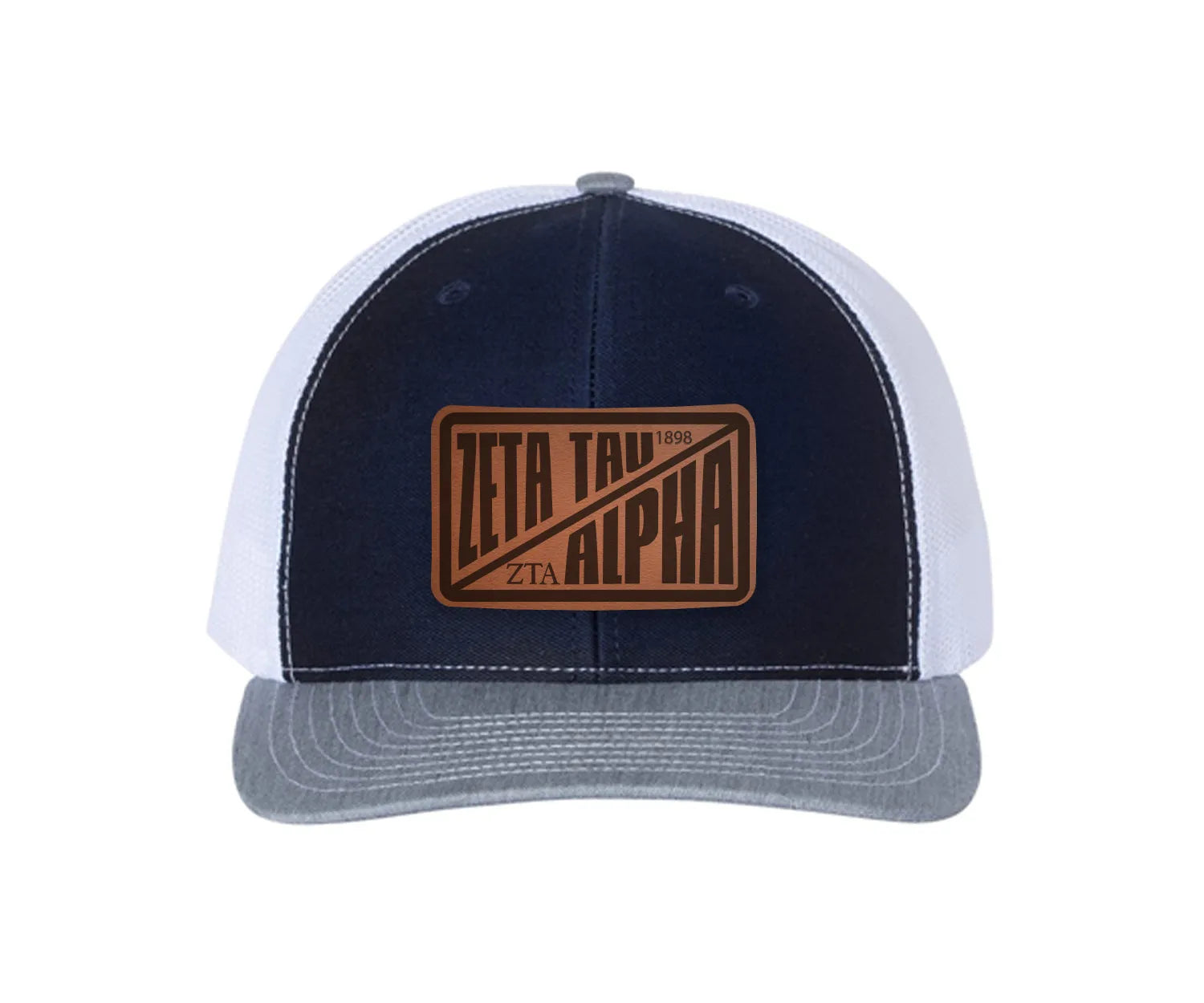 Zeta Tau Alpha Richardson 112 Leatherette Patch Trucker Hat - Divide Navy White Heather Gray Trucker Hat