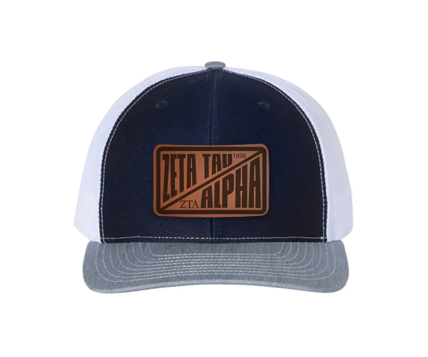 Zeta Tau Alpha Richardson 112 Leatherette Patch Trucker Hat - Divide Navy White Heather Gray Trucker Hat
