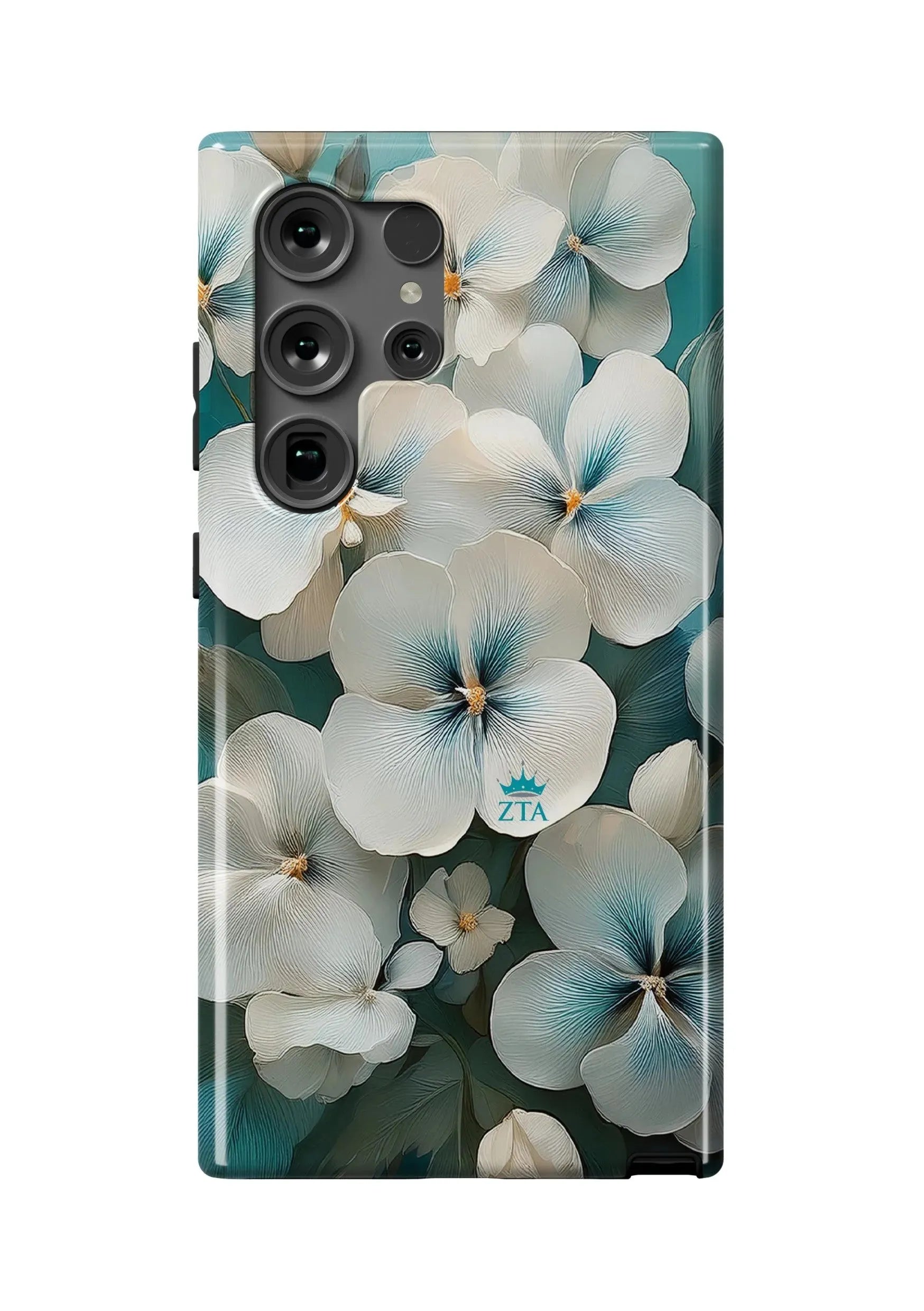 Zeta Tau Alpha Samsung Galaxy 24, 23 Mobile Phone Case - White Violets Gloss Mobile Phone Cases