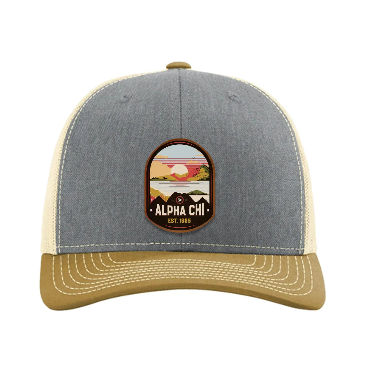 Alpha Chi Omega Richardson 112 UV Print Leatherette Patch Trucker Hat - Ventura Heather Gray Birch Amber Gold Trucker Hat