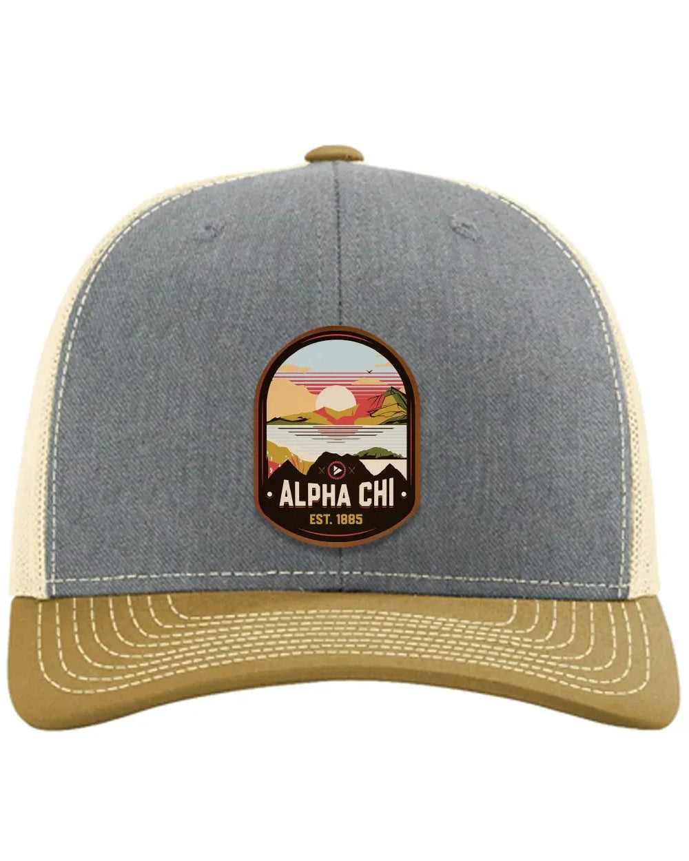 Alpha Chi Omega Richardson 112 UV Print Leatherette Patch Trucker Hat - Ventura Heather Gray Birch Amber Gold Trucker Hat
