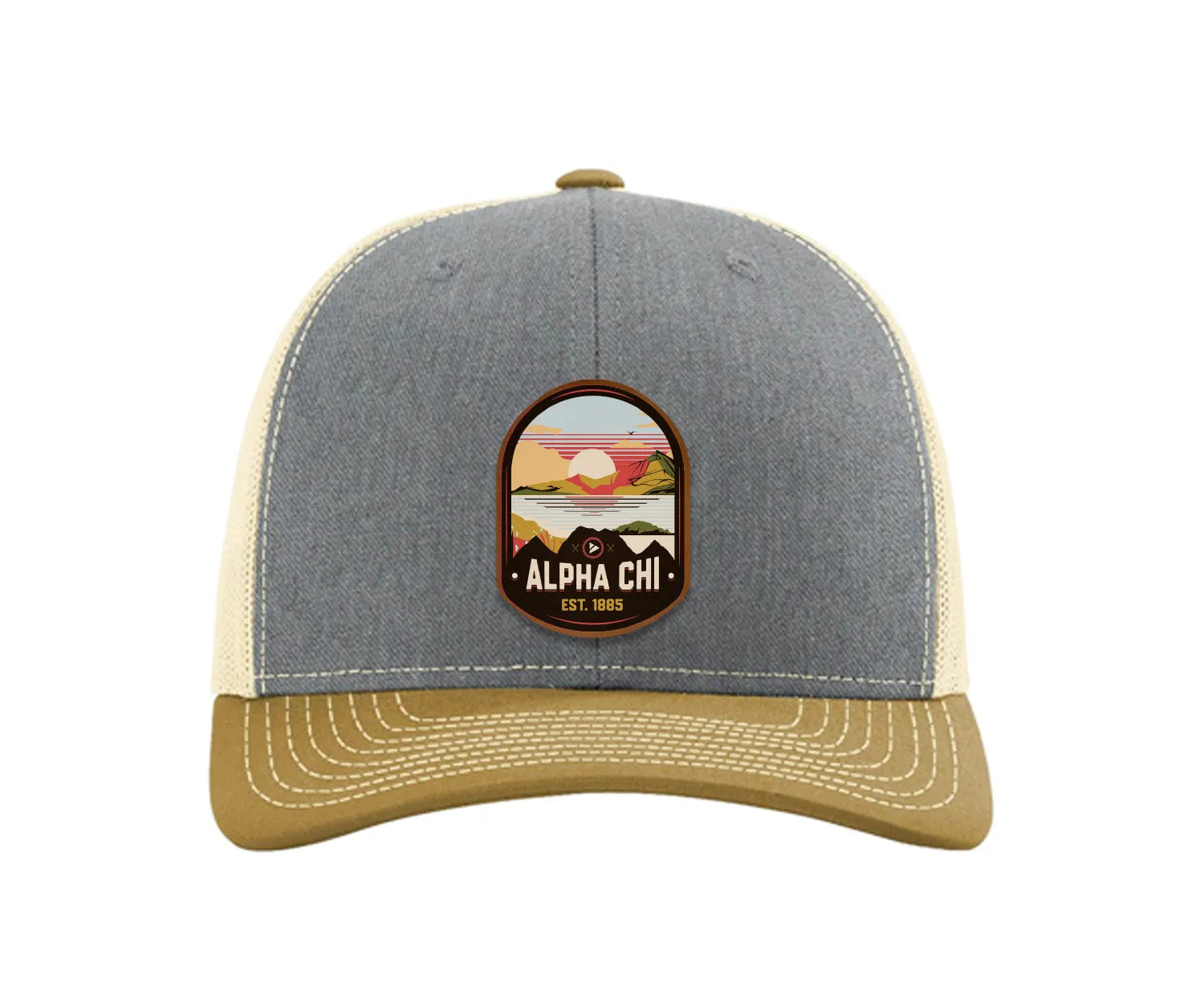 Alpha Chi Omega Richardson 112 UV Print Leatherette Patch Trucker Hat - Ventura Heather Gray Birch Amber Gold Trucker Hat