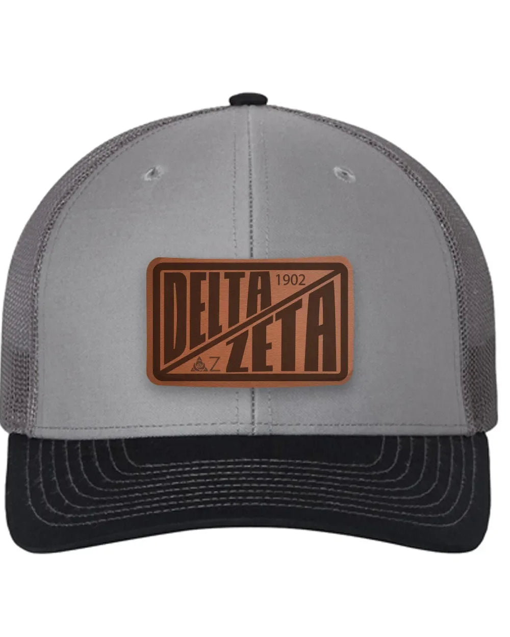Delta Zeta Richardson 112 Leatherette Patch Trucker Hat - Divide Gray Charcoal Navy Trucker Hat