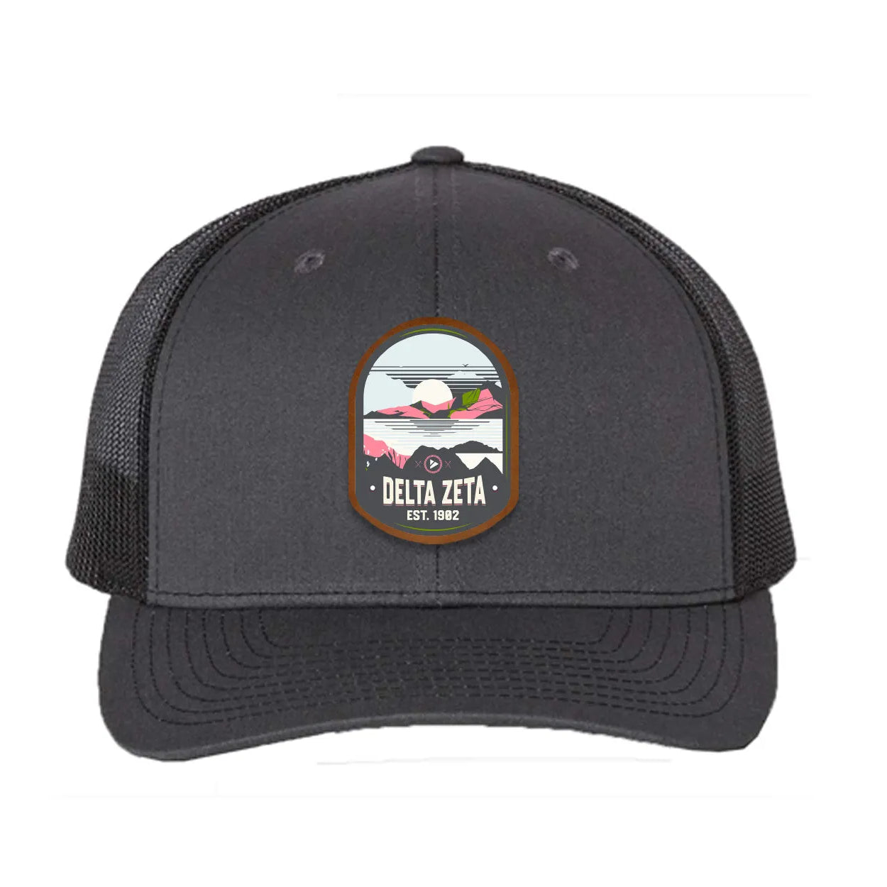 Delta Zeta Richardson 112 UV Print Leatherette Patch Trucker Hat - Ventura Gray Charcoal Black Trucker Hat