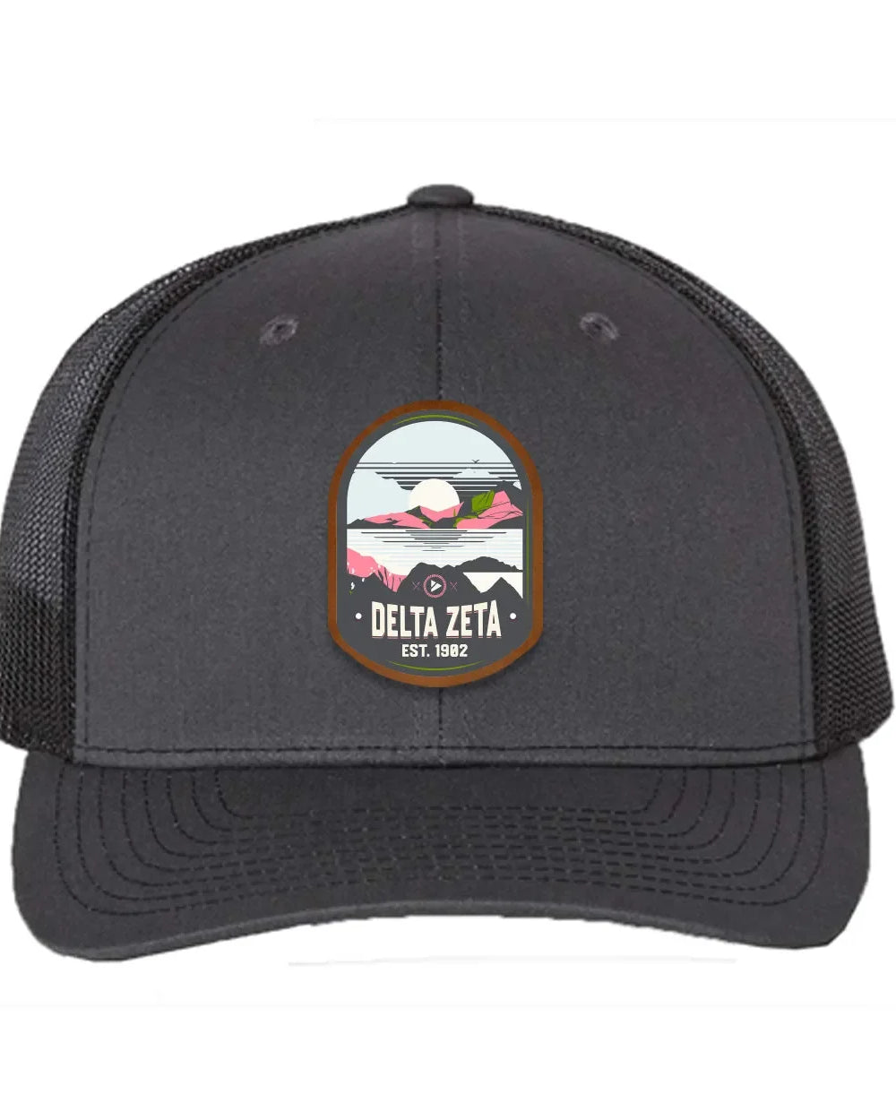 Delta Zeta Richardson 112 UV Print Leatherette Patch Trucker Hat - Ventura Gray Charcoal Black Trucker Hat