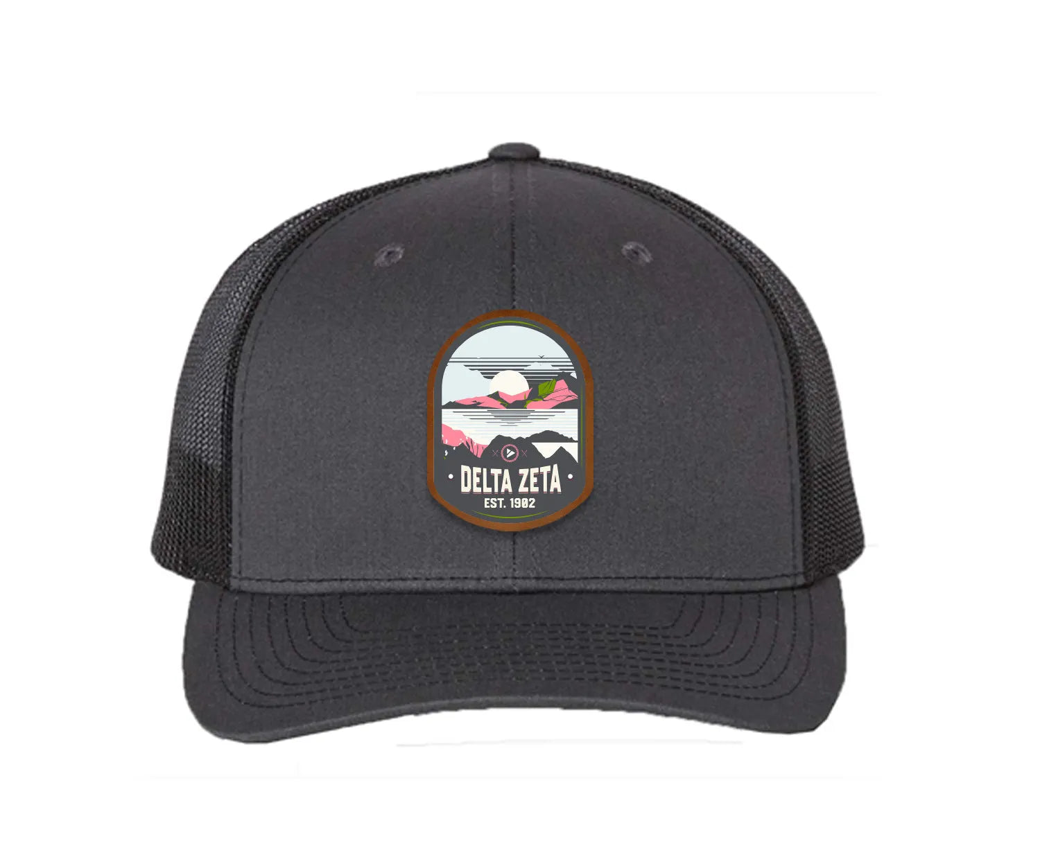 Delta Zeta Richardson 112 UV Print Leatherette Patch Trucker Hat - Ventura Gray Charcoal Black Trucker Hat