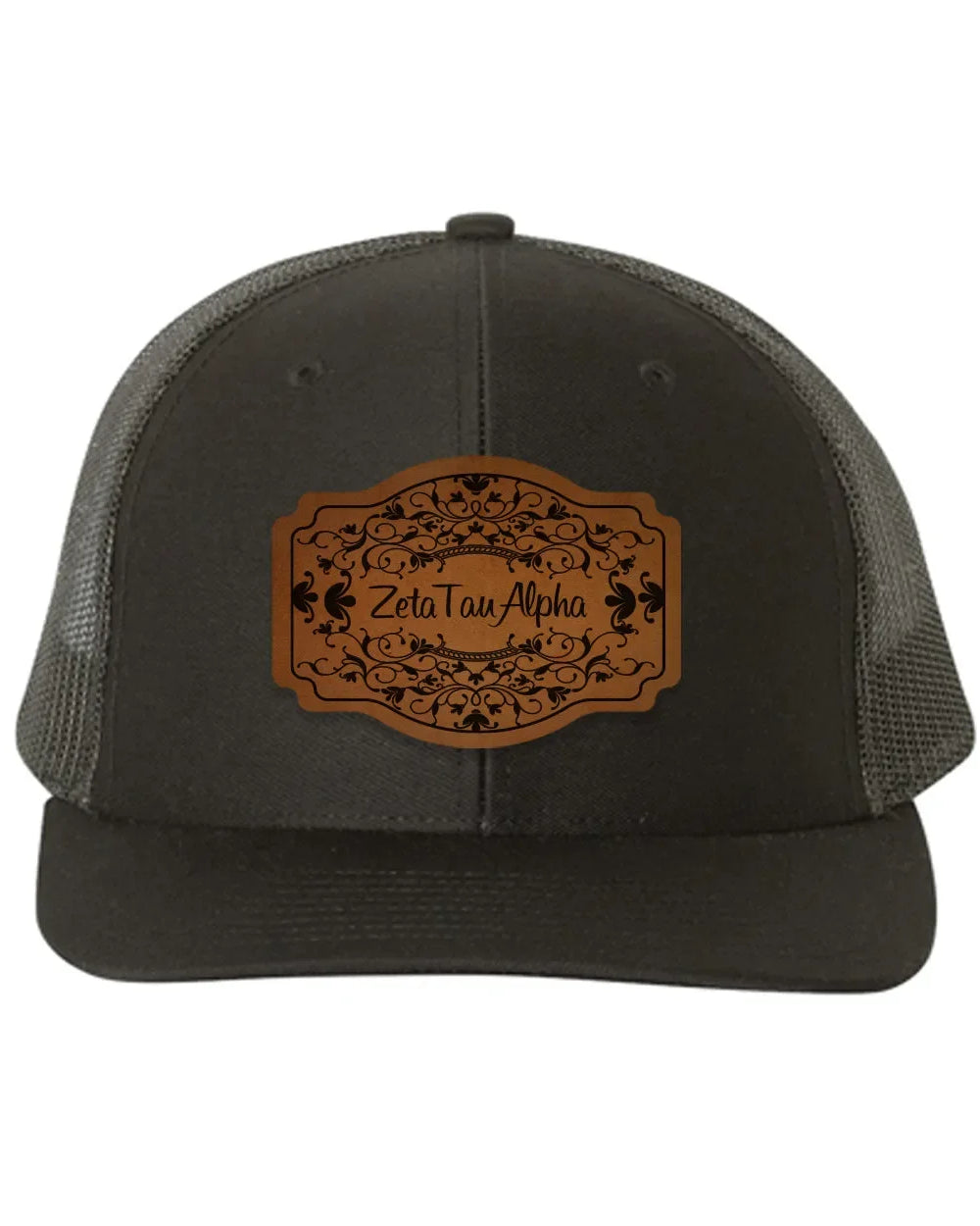 Zeta Tau Alpha Richardson 112 Leatherette Patch Trucker Hat - Scroll Black Black Trucker Hat