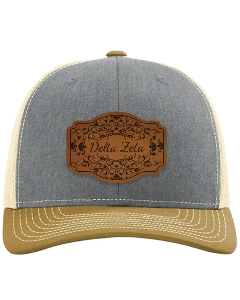 Delta Zeta Richardson 112 Leatherette Patch Trucker Hat - Scroll Heather Gray Birch Amber Gold Trucker Hat