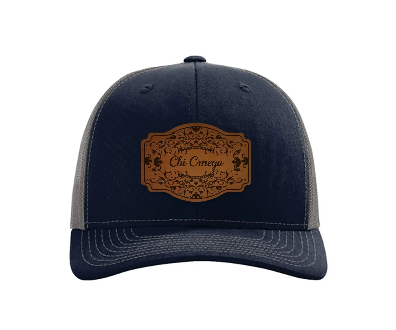 Chi Omega Richardson 112 Leatherette Patch Trucker Hat - Scroll Navy Charcoal Trucker Hat