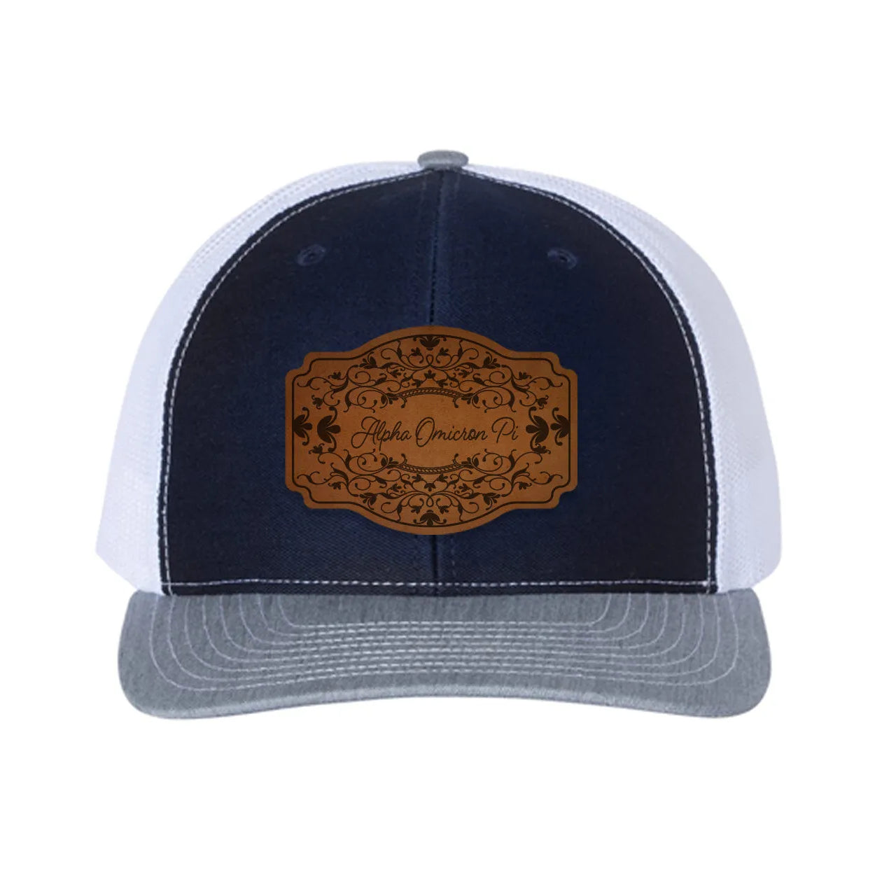 Alpha Omicron Pi Richardson 112 Leatherette Patch Trucker Hat - Scroll Navy White Heather Gray Trucker Hat