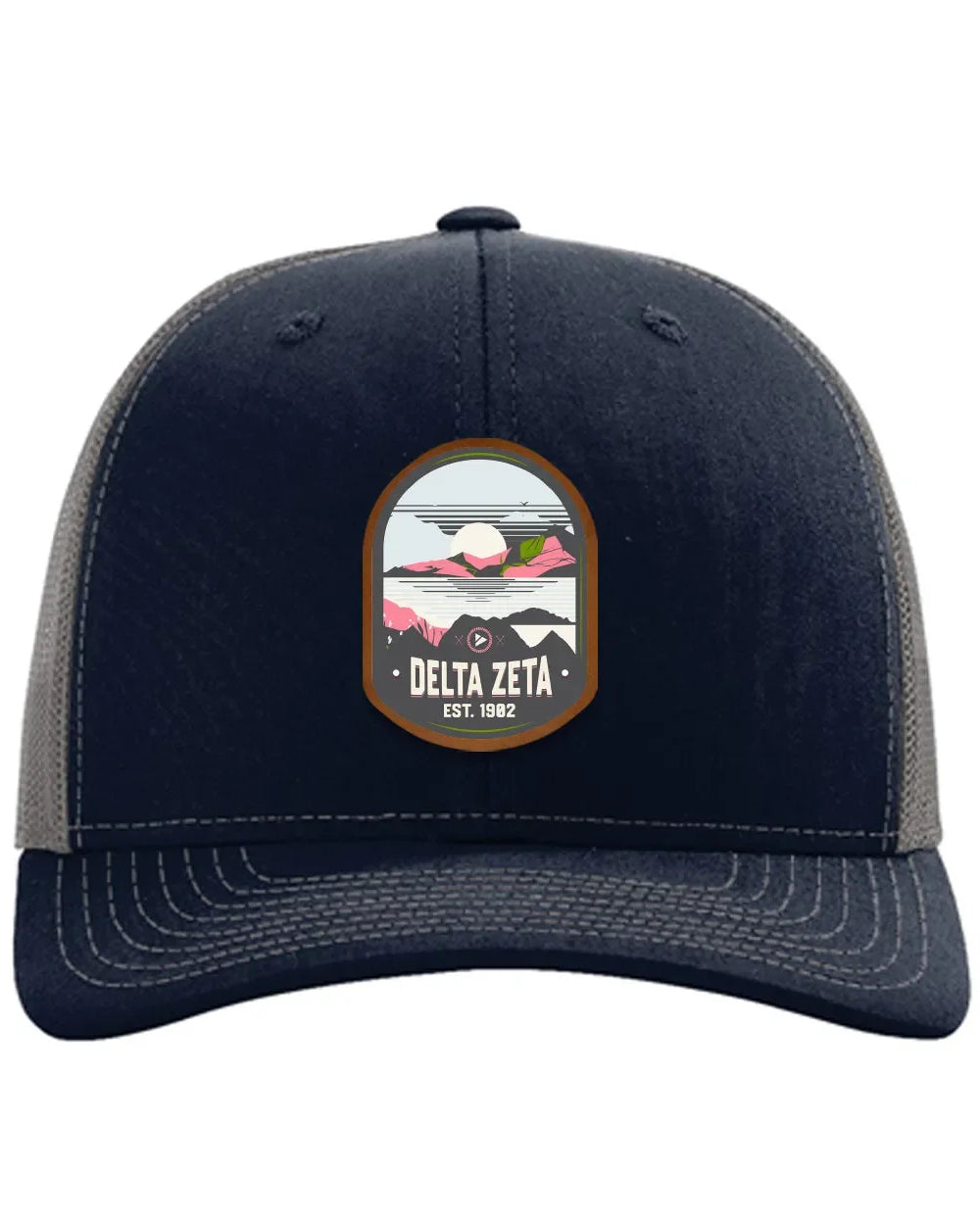 Delta Zeta Richardson 112 UV Print Leatherette Patch Trucker Hat - Ventura Navy Charcoal Trucker Hat