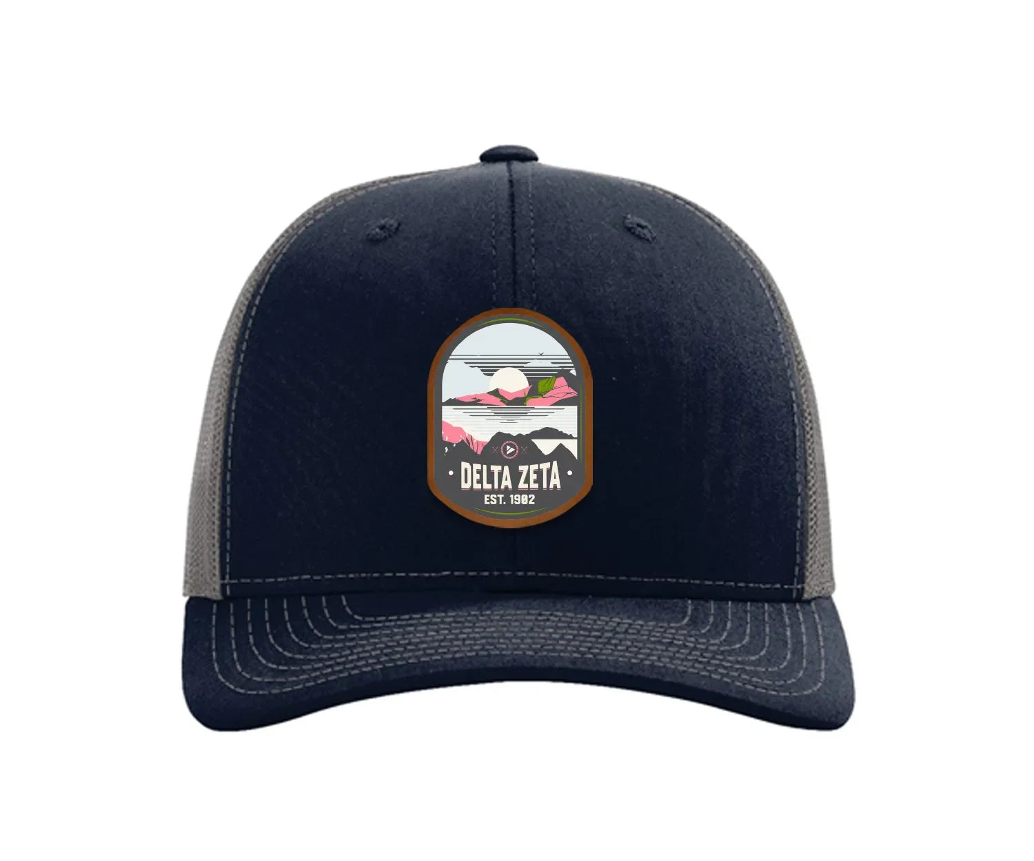 Delta Zeta Richardson 112 UV Print Leatherette Patch Trucker Hat - Ventura Navy Charcoal Trucker Hat