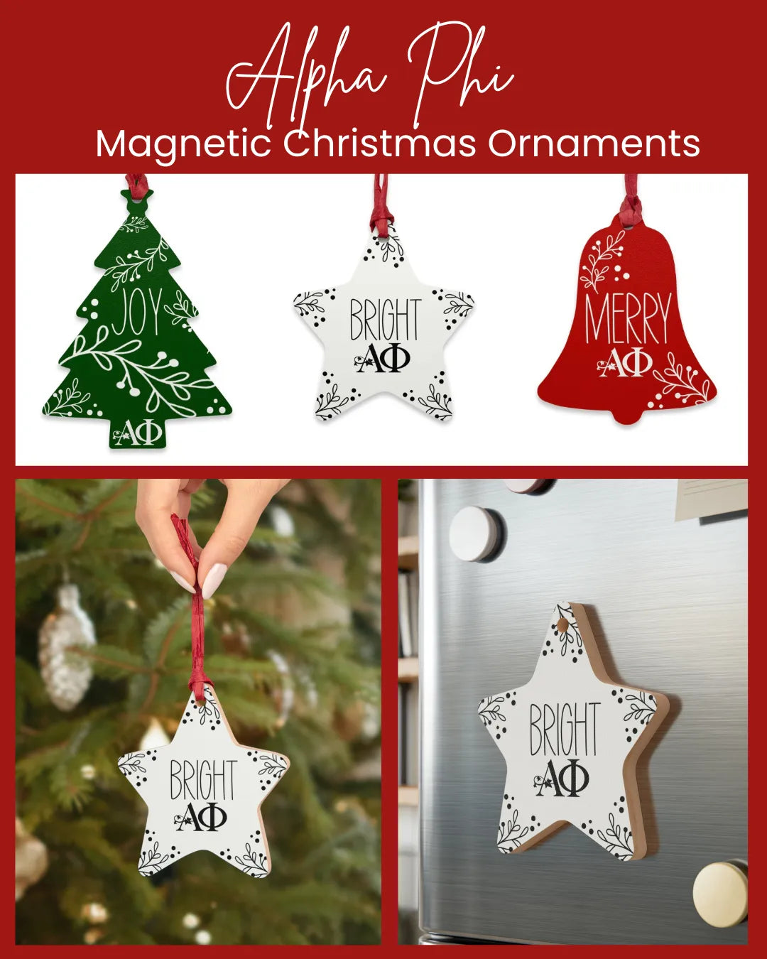Alpha Phi Wood Christmas Ornaments / Magnets (Set of 3) Holiday Ornaments