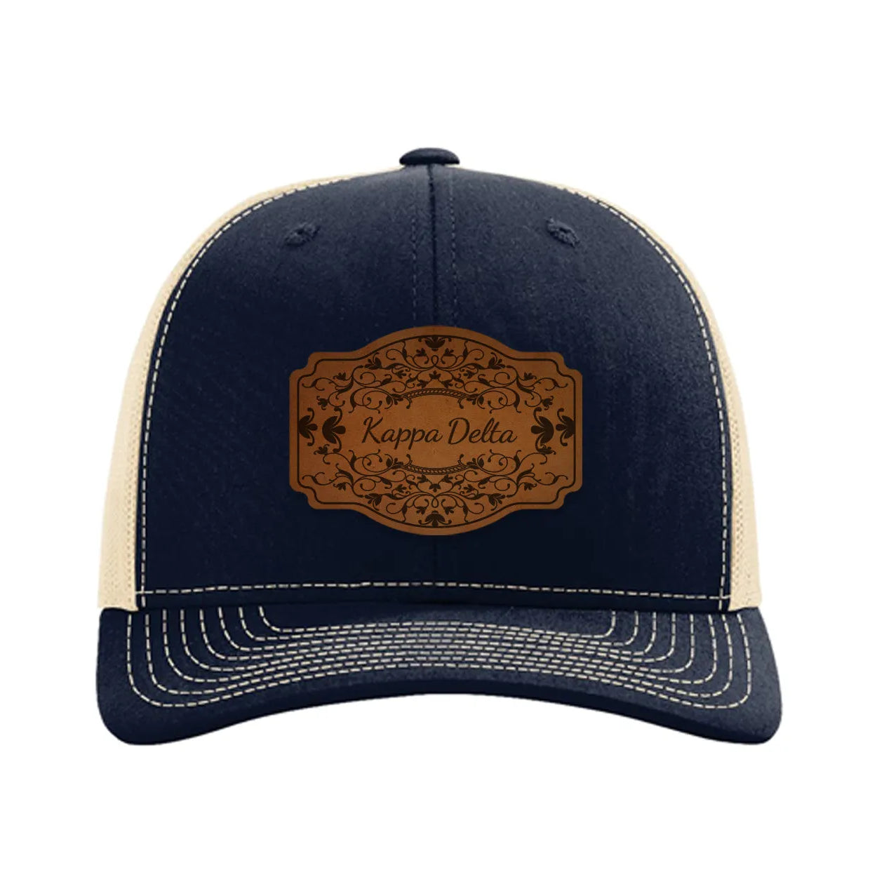Kappa Delta Richardson 112 Leatherette Patch Trucker Hat - Scroll Navy Khaki Trucker Hat