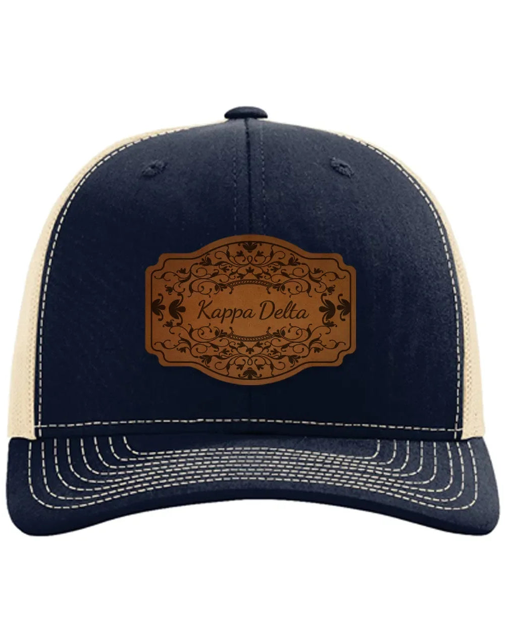 Kappa Delta Richardson 112 Leatherette Patch Trucker Hat - Scroll Navy Khaki Trucker Hat