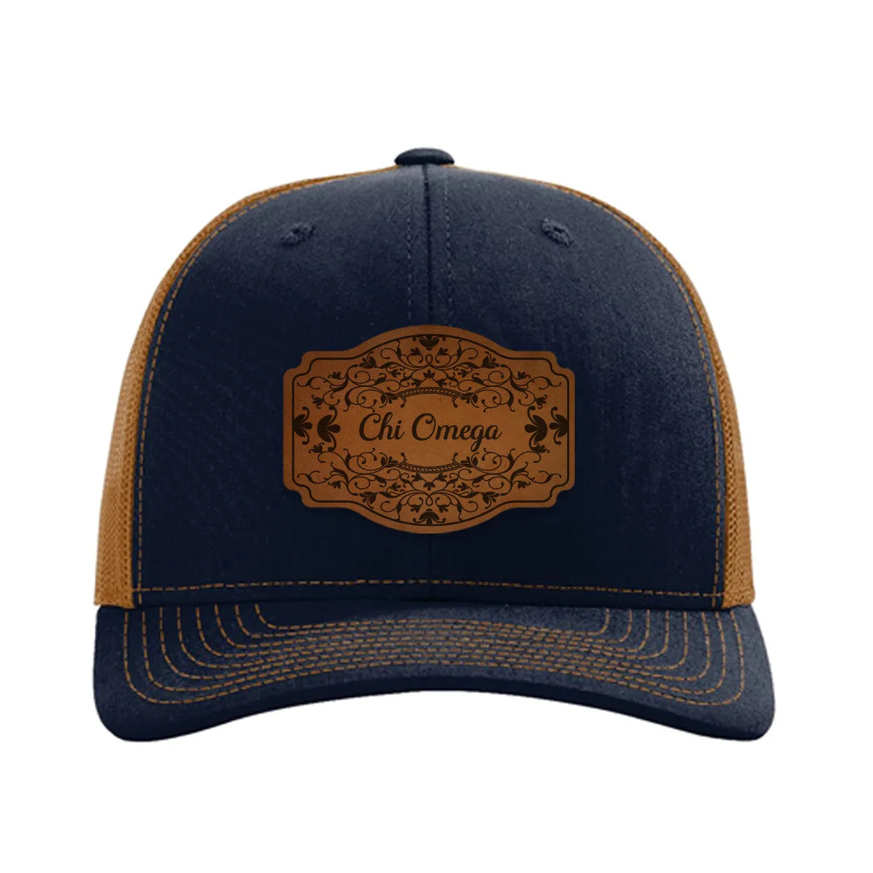 Chi Omega Richardson 112 Leatherette Patch Trucker Hat - Scroll Navy Caramel Trucker Hat