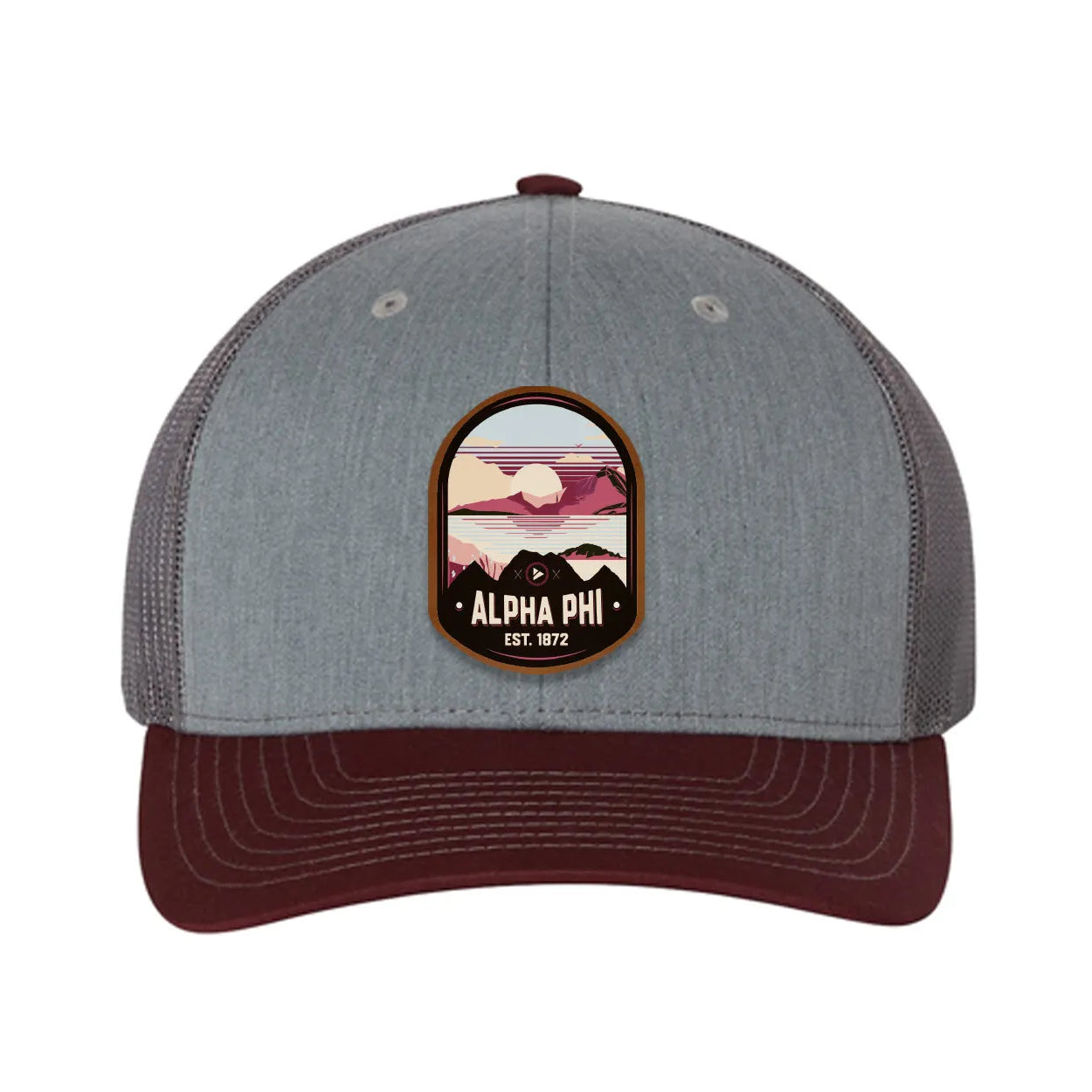 Alpha Phi Richardson 112 UV Print Leatherette Patch Trucker Hat - Ventura Heather Gray Charcoal Maroon Trucker Hat