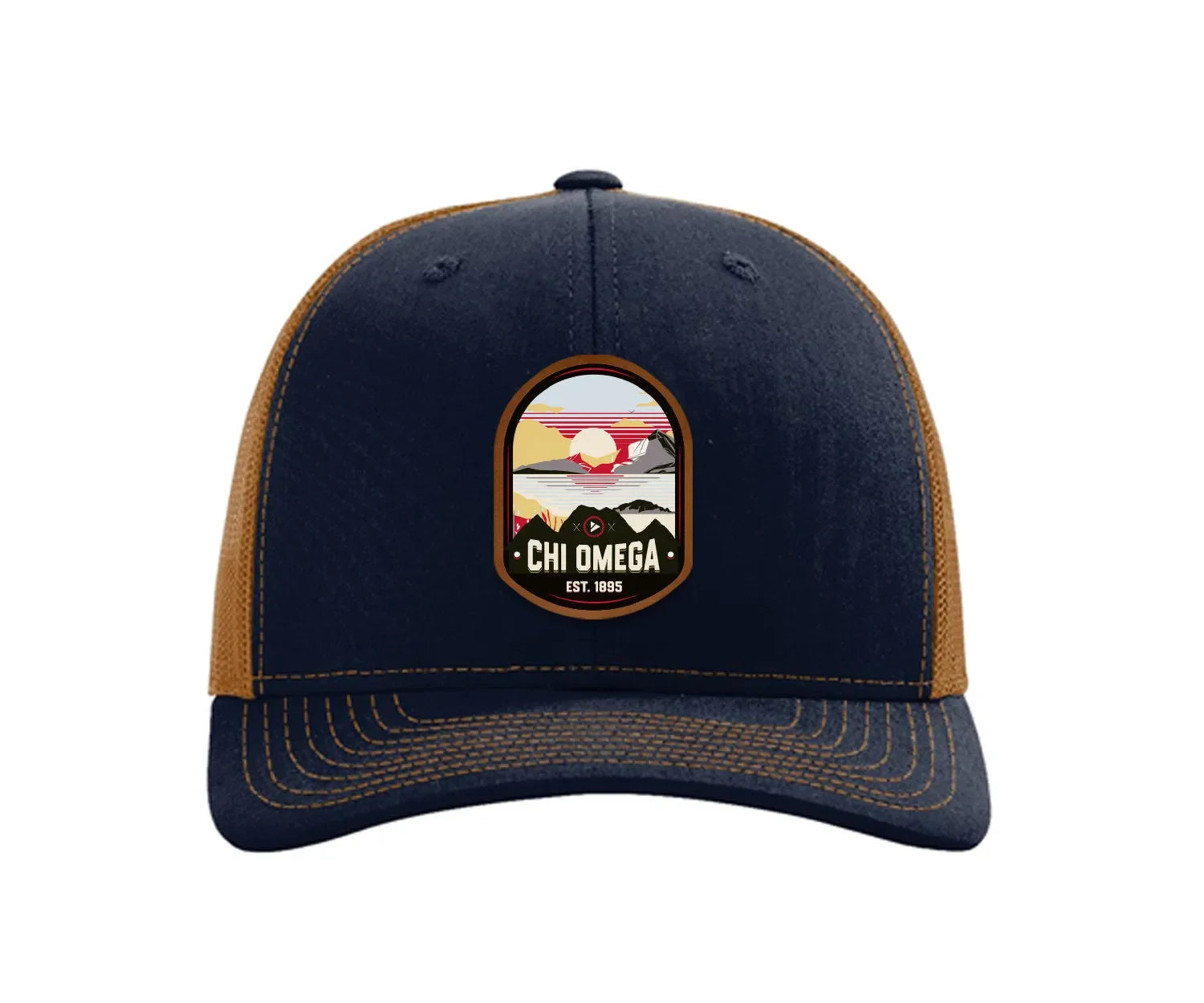 Chi Omega Richardson 112 UV Print Leatherette Patch Trucker Hat - Ventura Navy Caramel Trucker Hat