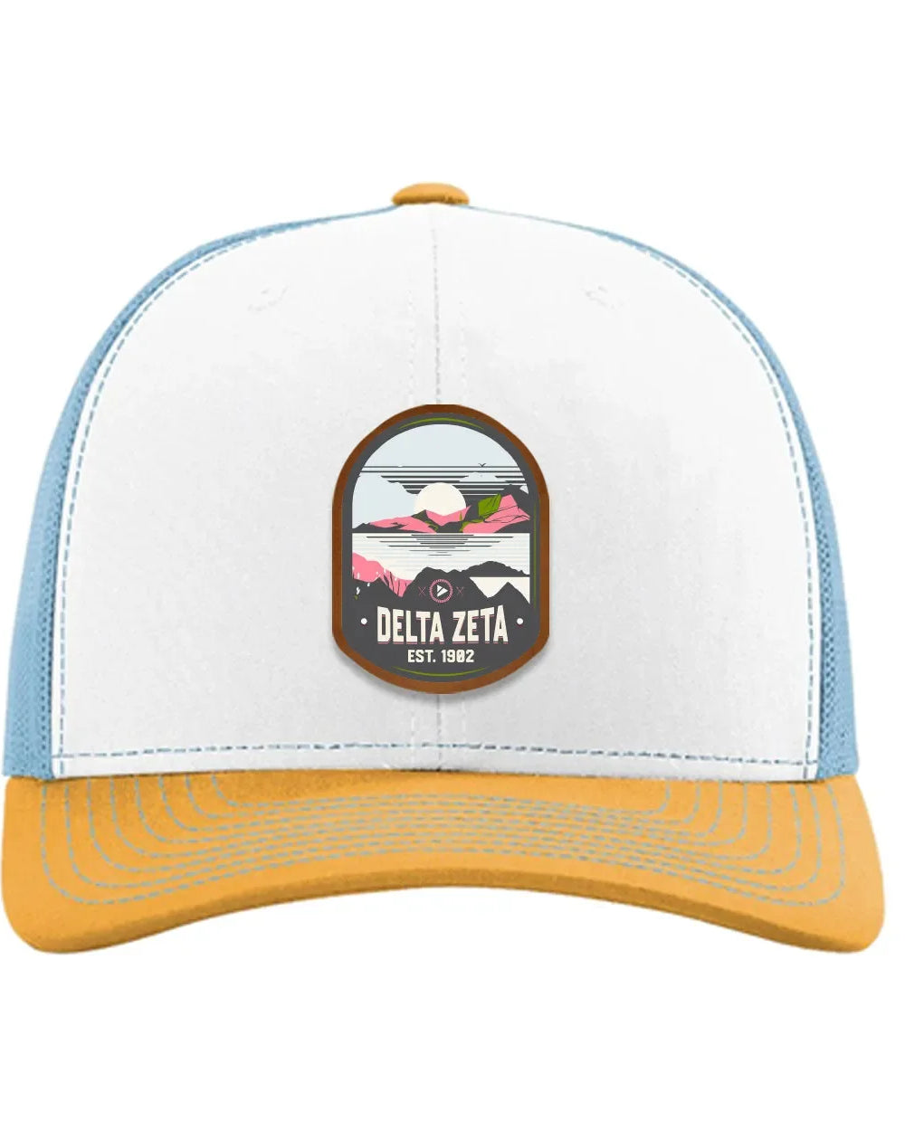 Delta Zeta Richardson 112 UV Print Leatherette Patch Trucker Hat - Ventura White Blue Yellow Trucker Hat