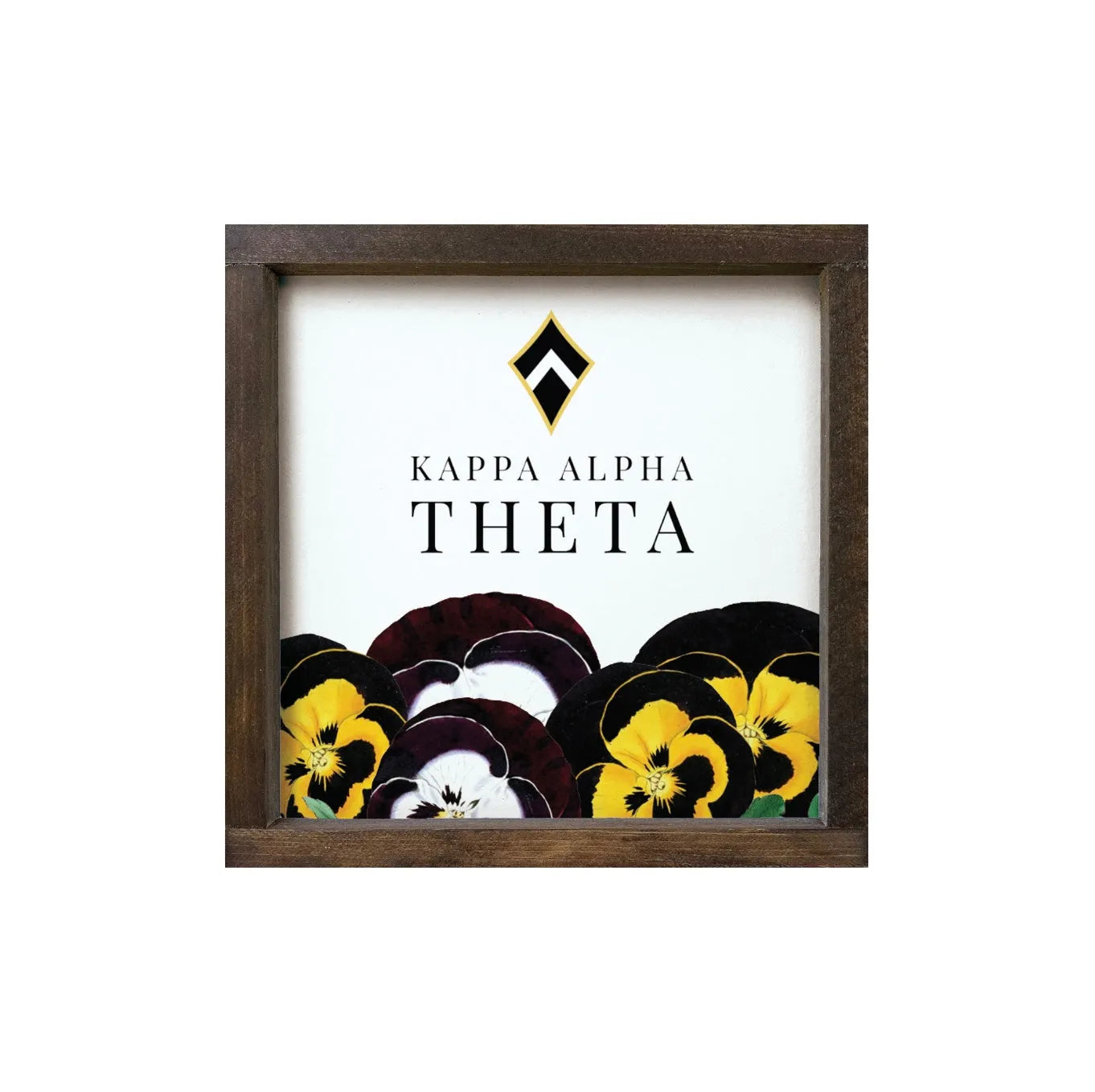 Kappa Alpha Theta 12x12 Wood Framed Sign - Pansies Walnut Stain Wall Art & Signs