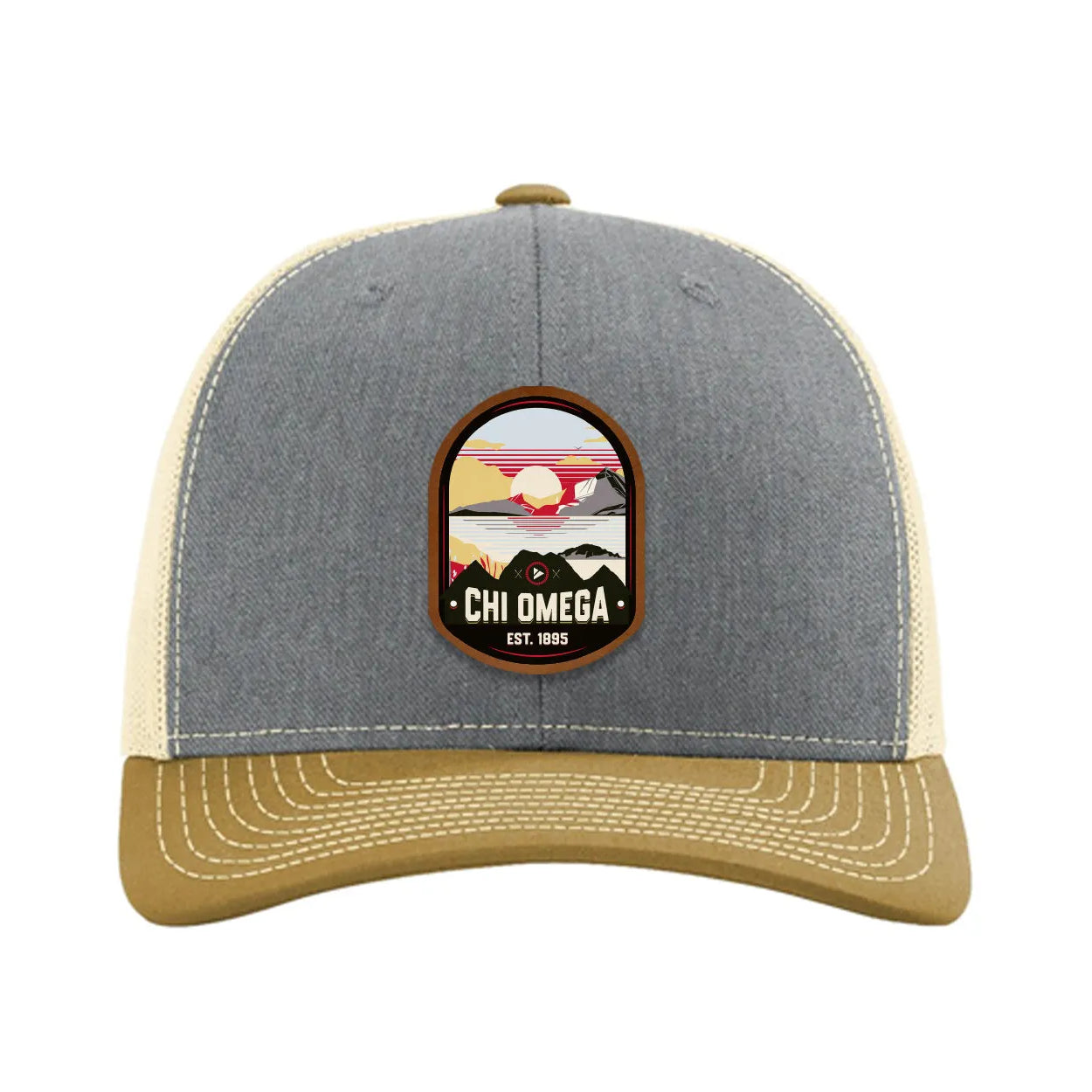 Chi Omega Richardson 112 UV Print Leatherette Patch Trucker Hat - Ventura Heather Gray Birch Amber Gold Trucker Hat