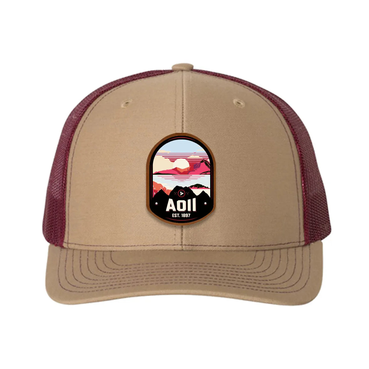 Alpha Omicron Pi Richardson 112 UV Print Leatherette Patch Trucker Hat - Ventura Khaki Burgundy Trucker Hat